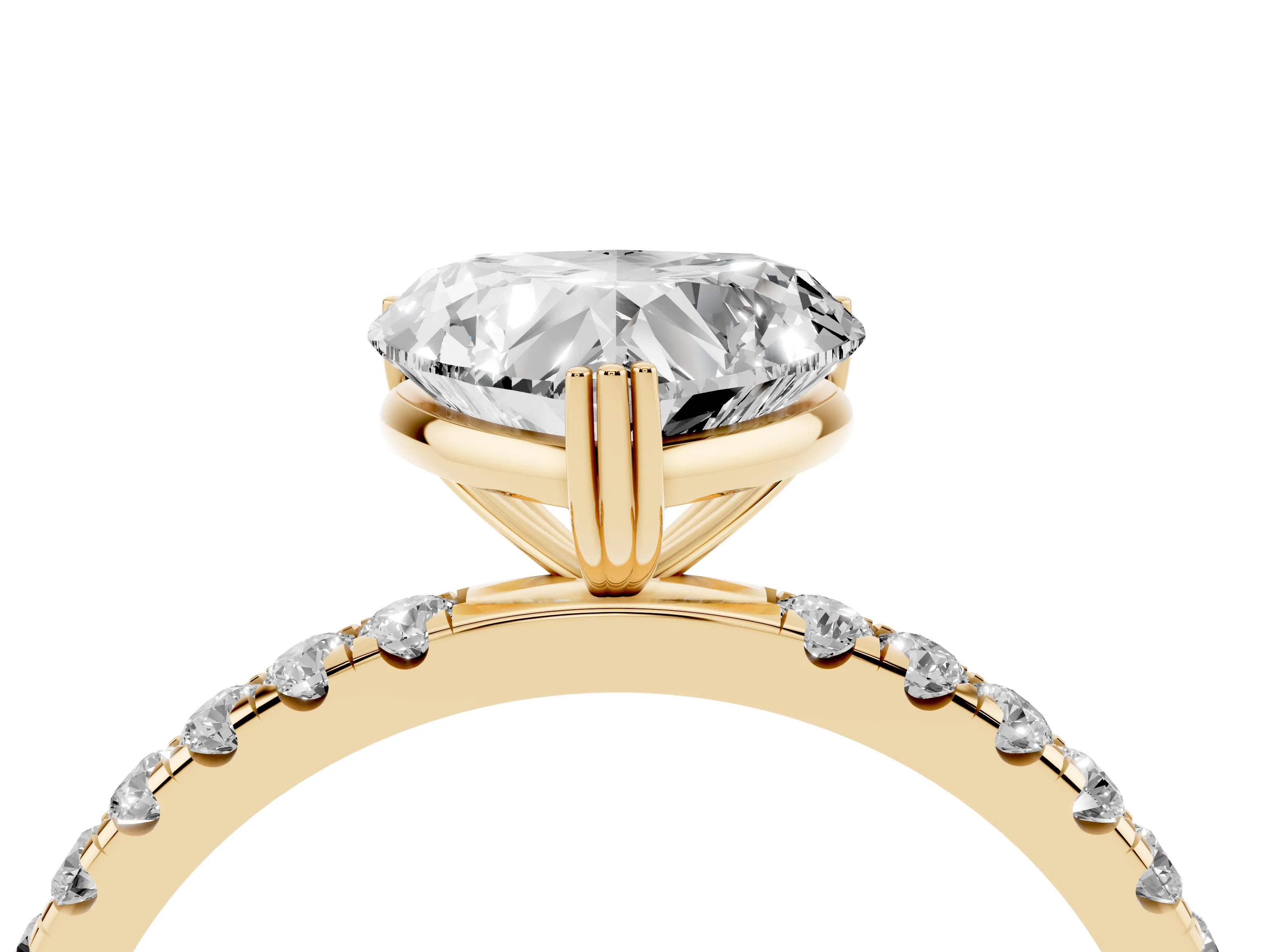 Heart Cut Diamond Brilliant Solitaire Set in Yellow gold with Pavé Band and Claw Prong Setting