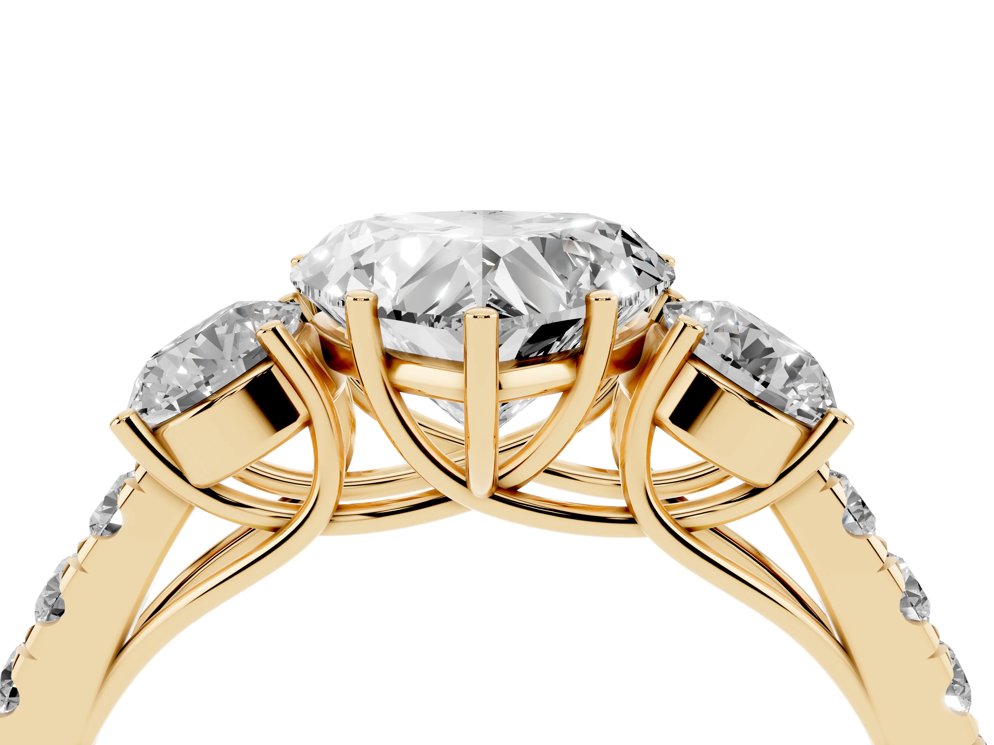 Heart Cut Diamond Three-Stone Ring Set in Yellow gold with Round Side Stones and Delicate Pavé Band