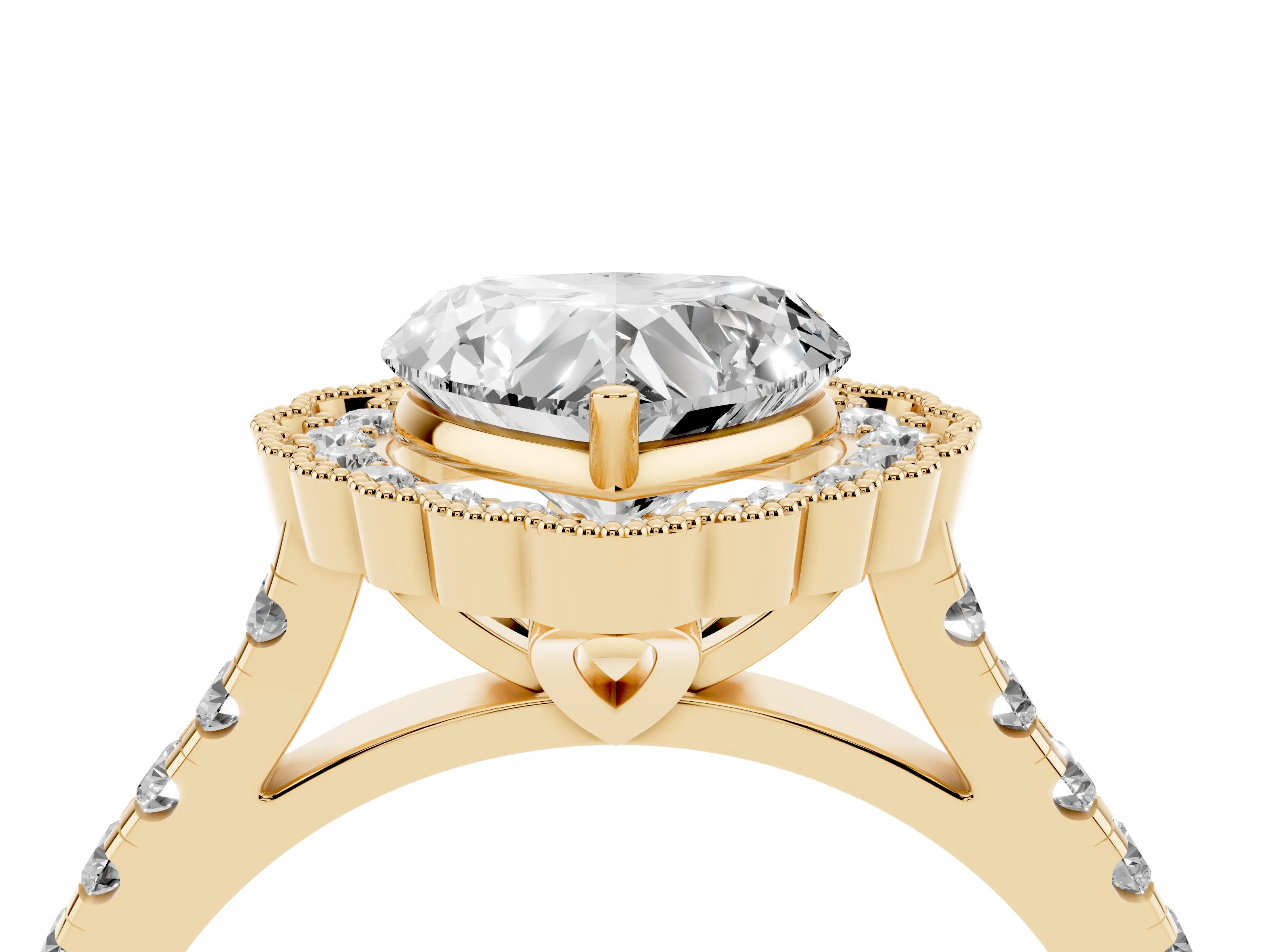 Heart Cut Diamond Milgrain Floral Halo Engagement Ring Set in Yellow gold with Pavé Band