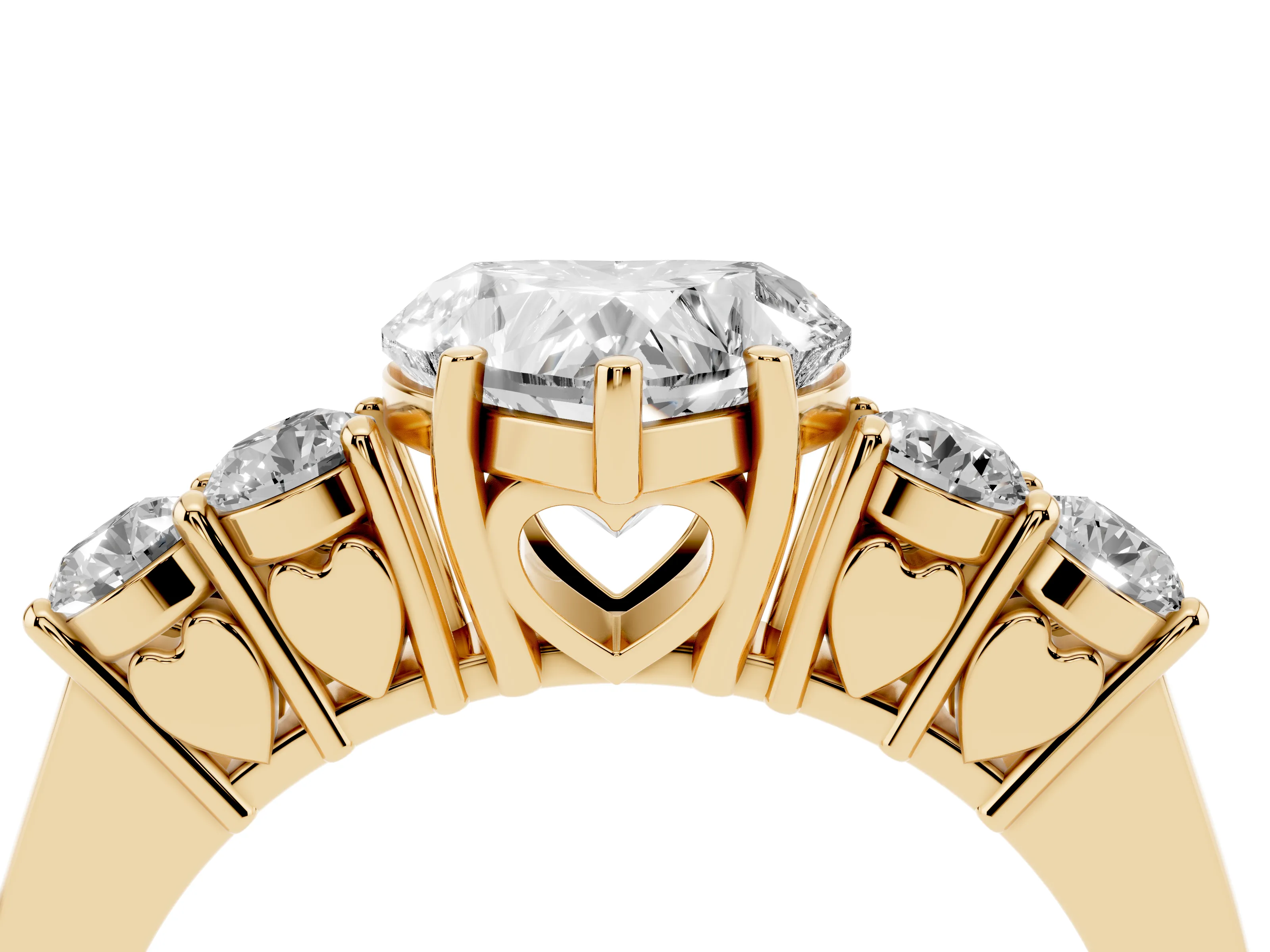 Heart Cut Diamond Five-Stone Prong Set Band Ring Set in Yellow gold with Polished Band
