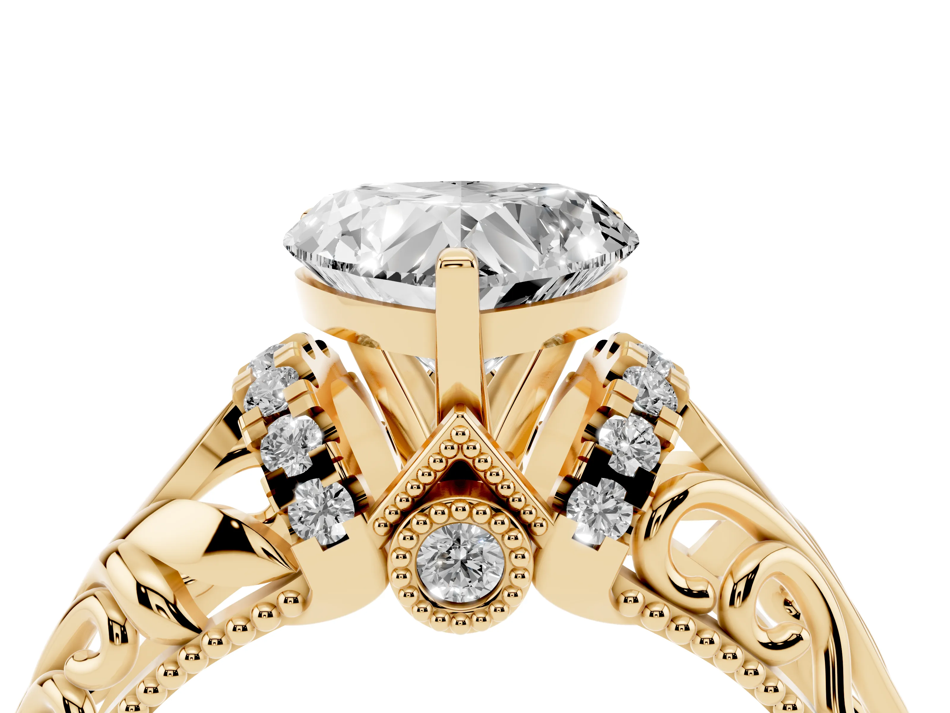 Heart Cut Diamond Filigree Halo Engagement Ring Set in Yellow gold with Prong Setting