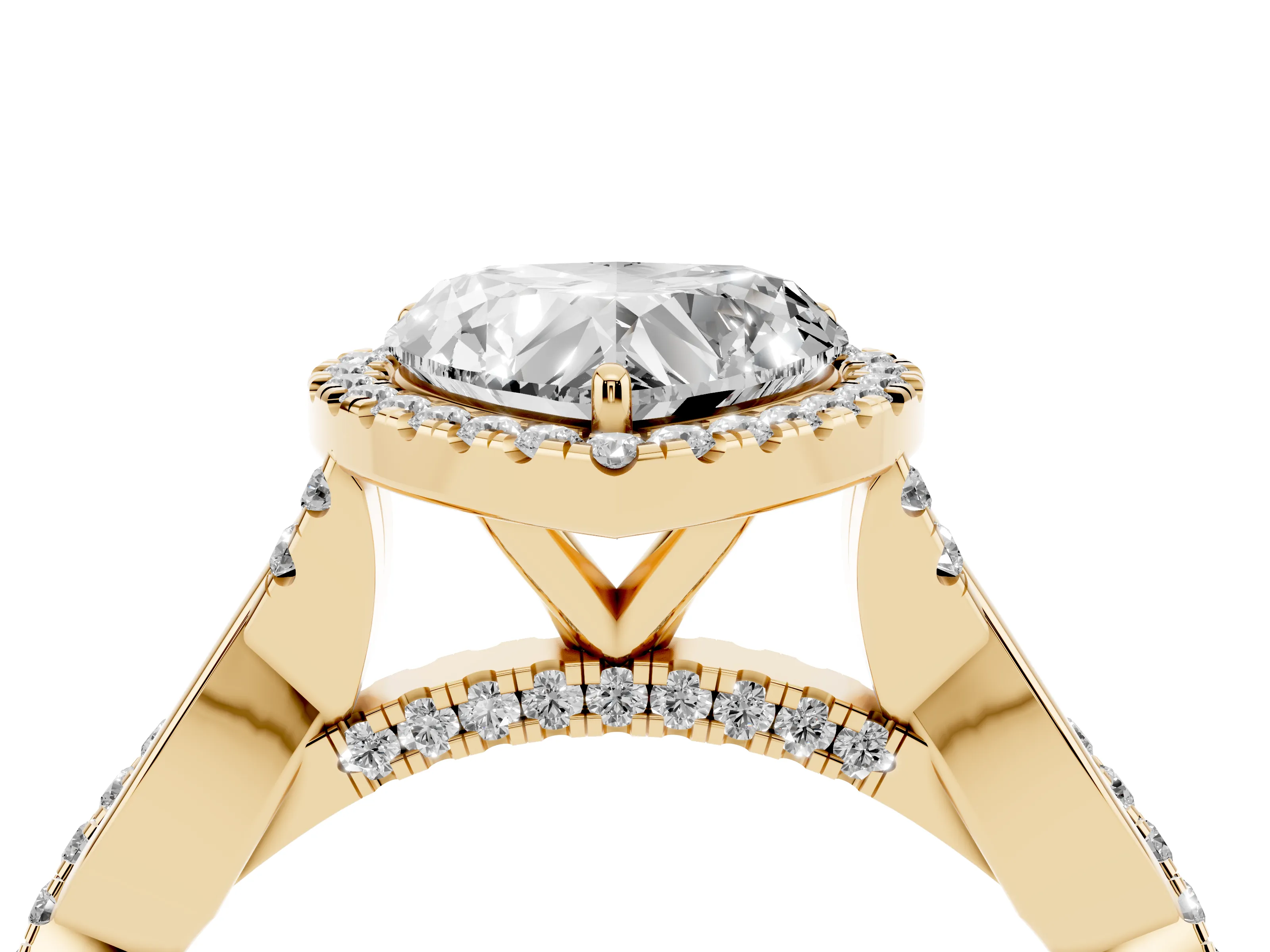 Heart Cut Diamond Halo Twist Band Solitaire Ring Set in Yellow gold with Prong Setting