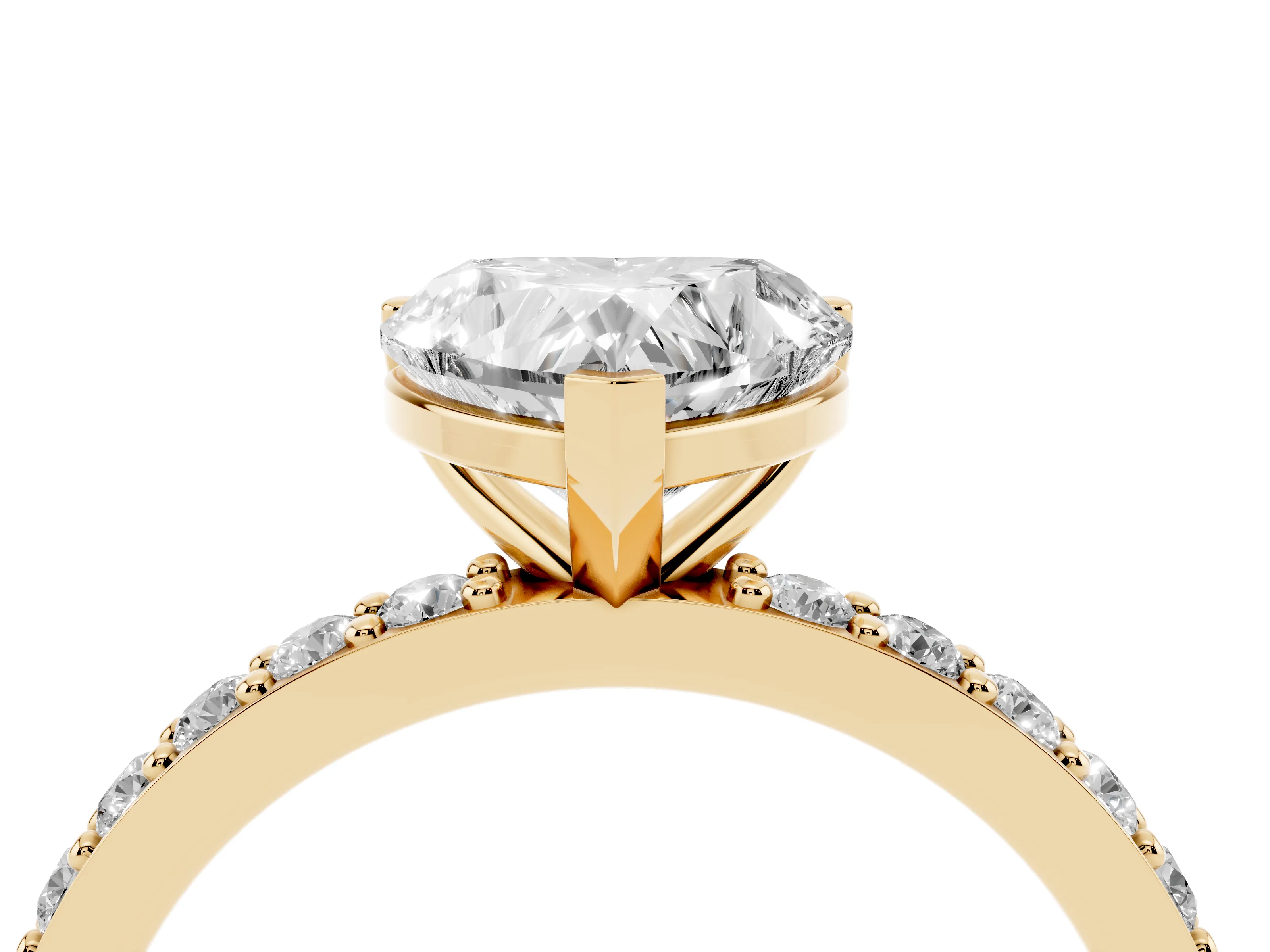 Heart Cut Diamond Solitaire Set in Yellow gold with Round Pavé Band and Prong Setting