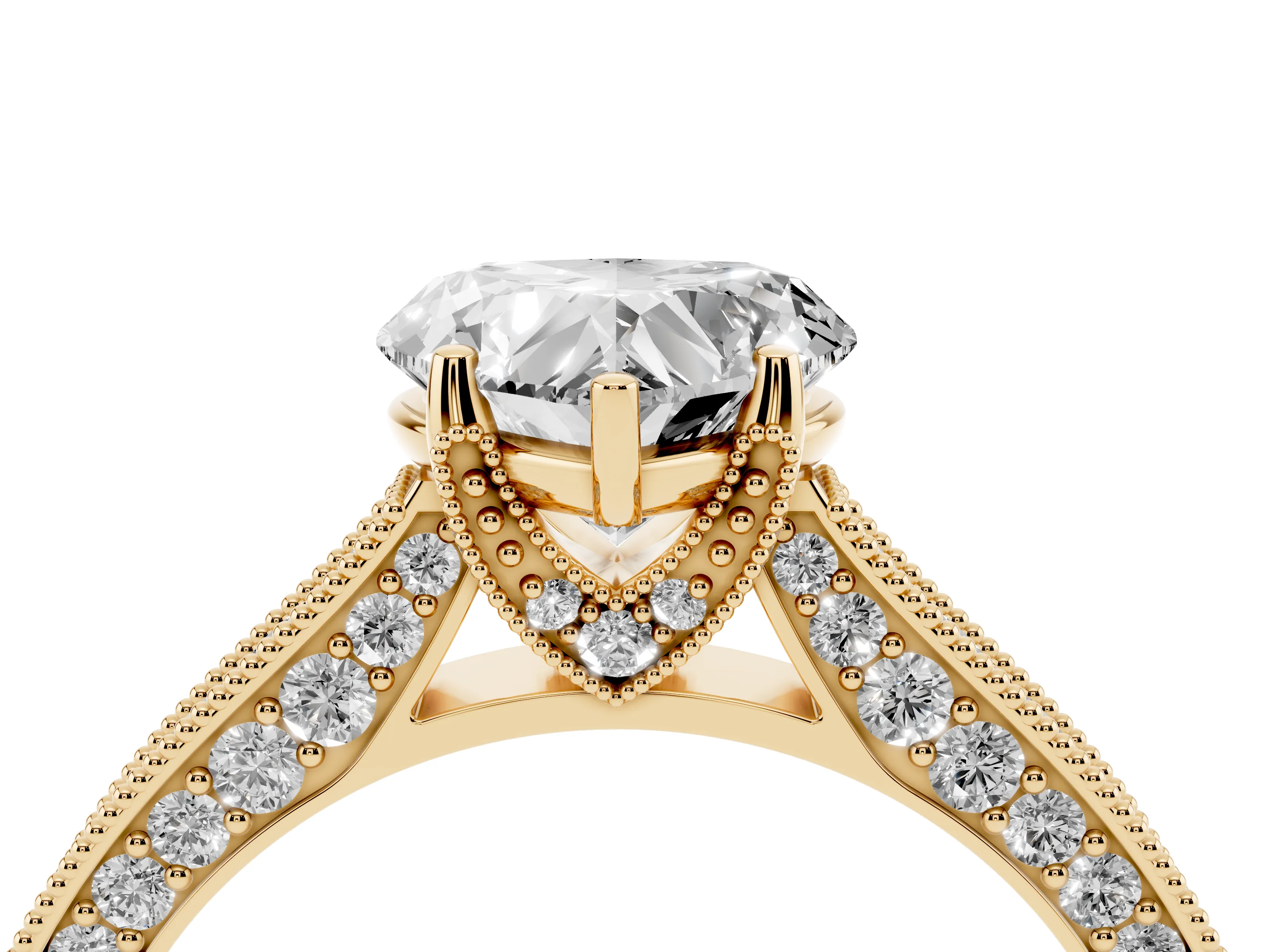 Heart Cut Diamond Solitaire Ring Set in Yellow gold with Milgrain-Edged Pavé Band and Prong Setting