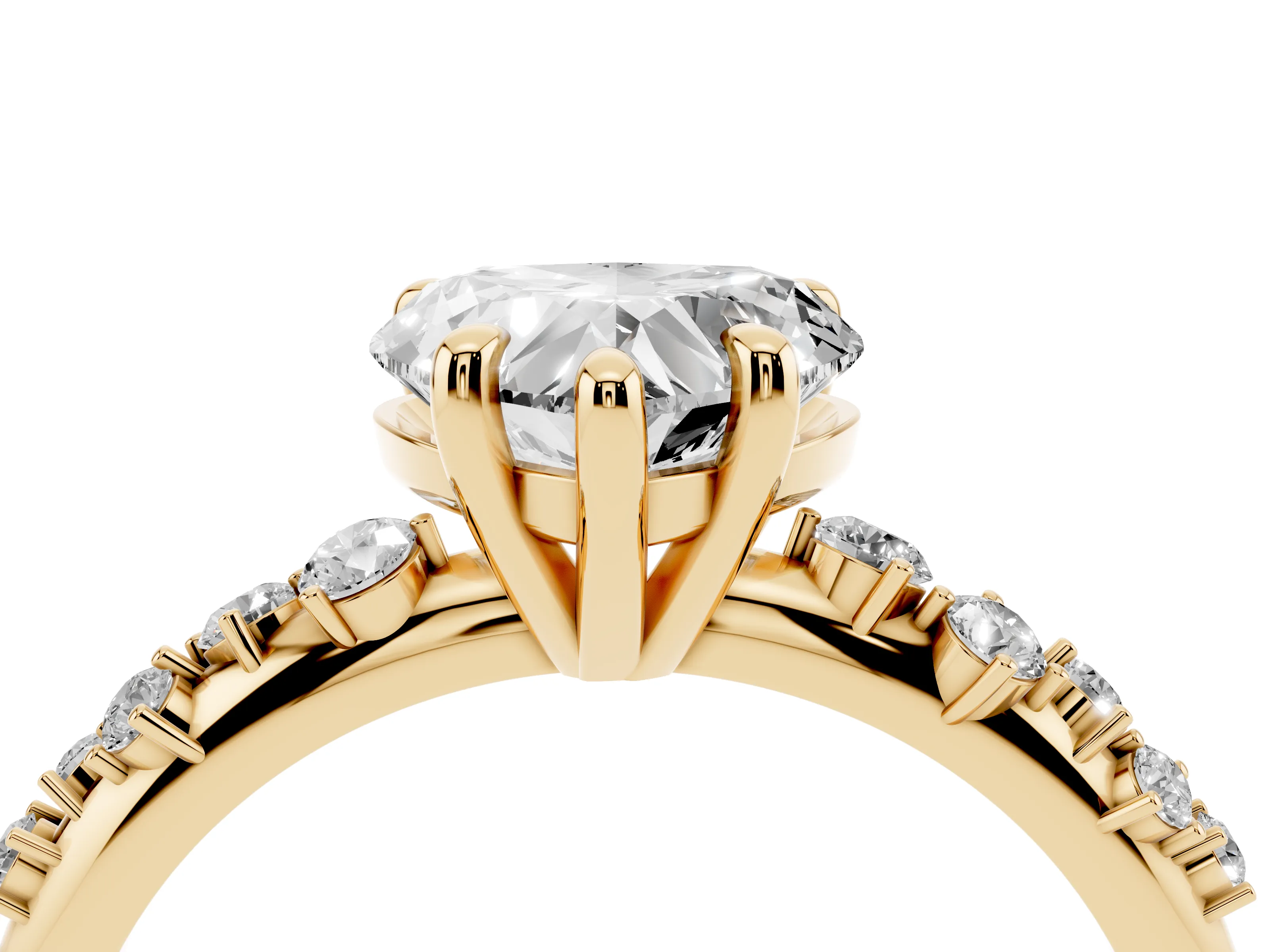 Heart Cut Diamond Solitaire Vine Band Ring Set in Yellow gold with Round Accents and Prong Setting