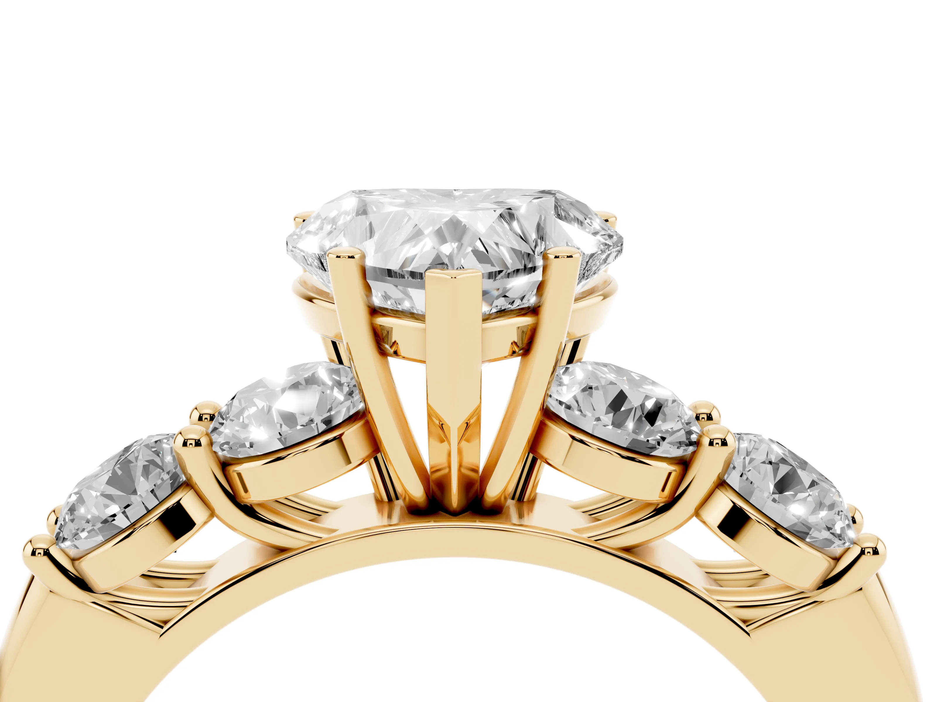 Heart Cut Diamond Five-Stone Prong Set Ring Set in Yellow gold with Classic Band