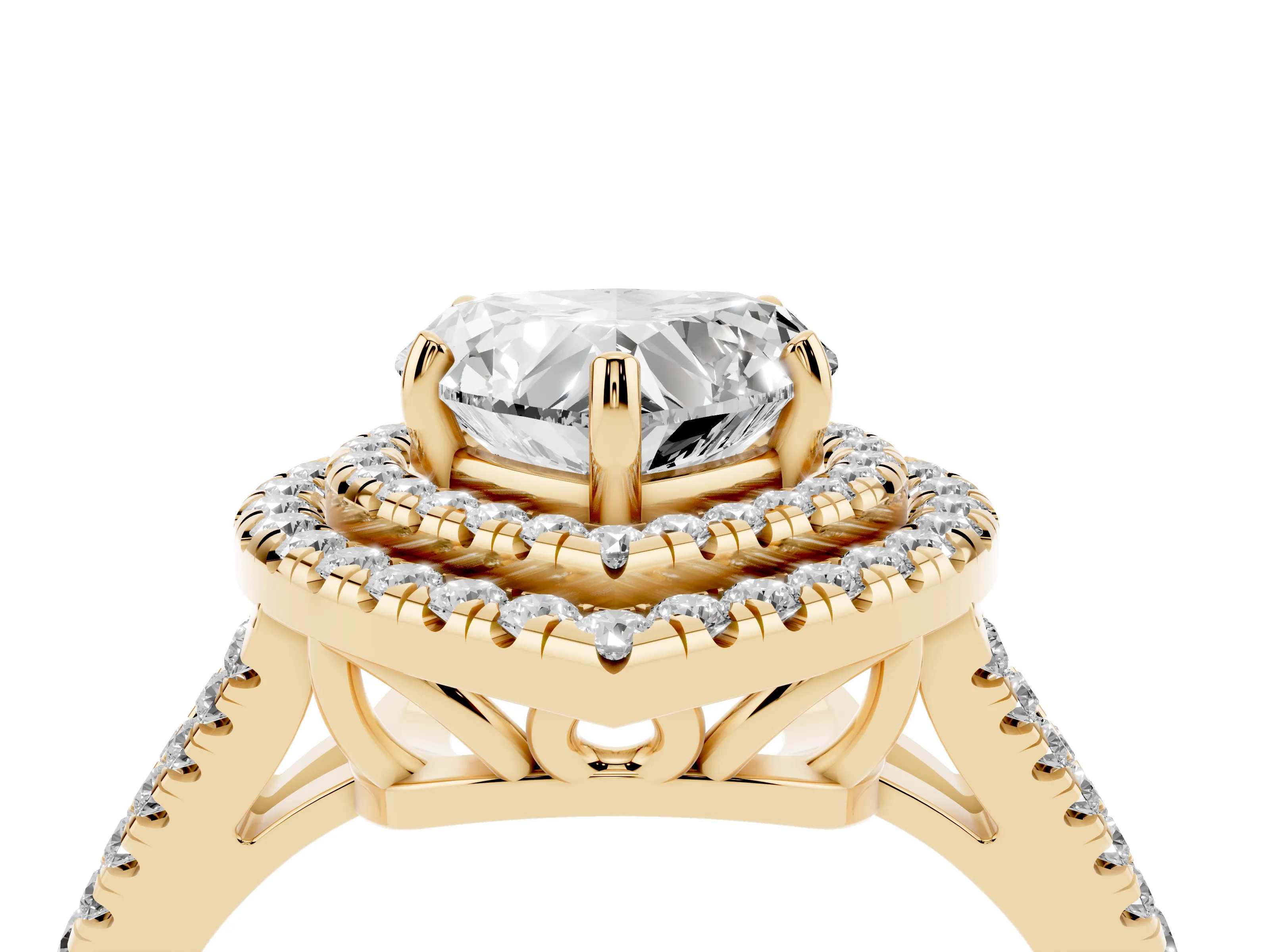 Heart Cut Diamond Double Halo Ring Set in Yellow gold with Pavé Band