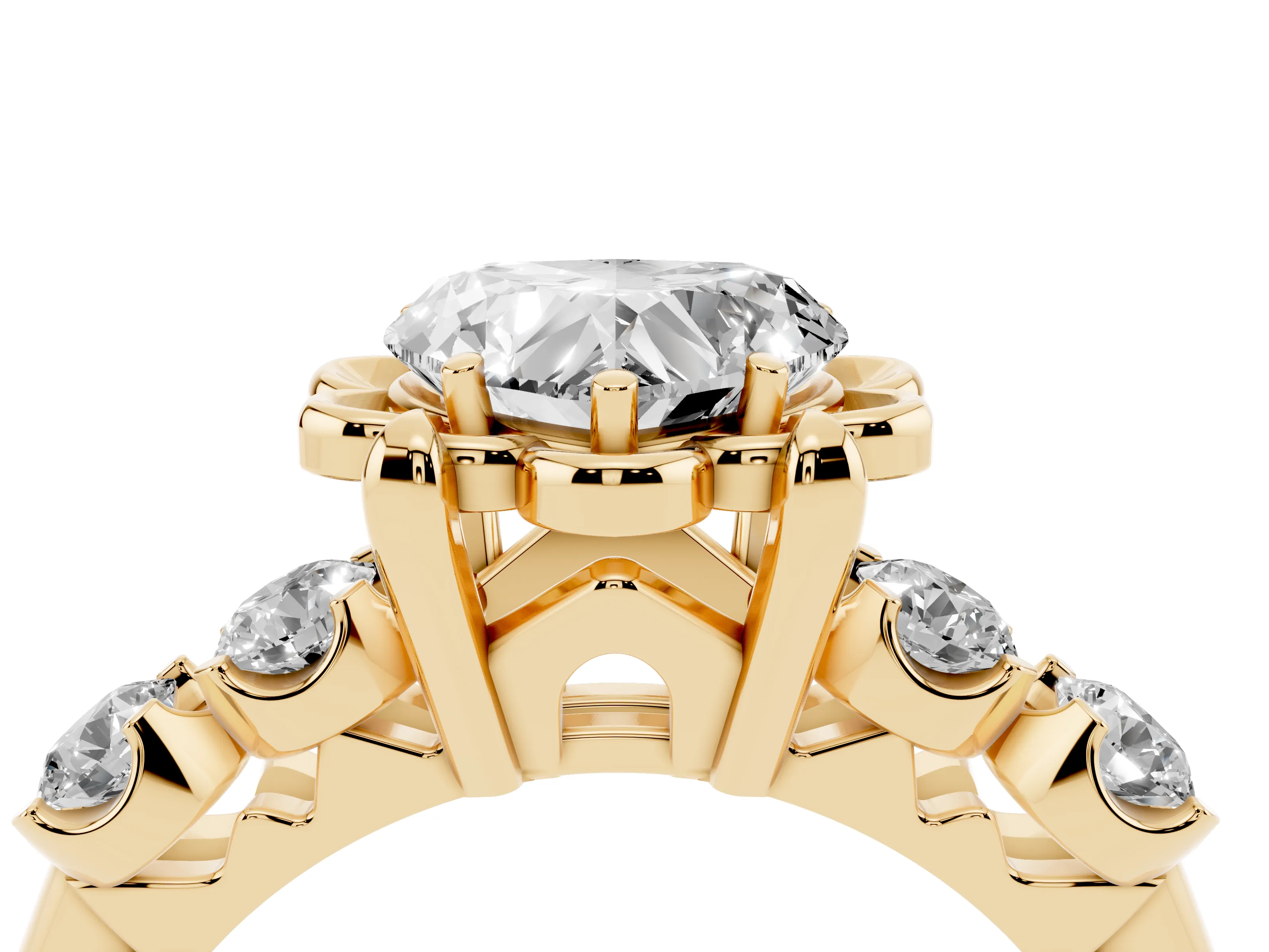 Heart Cut Diamond Floral Halo Ring Set in Yellow gold with Shared Prong Band