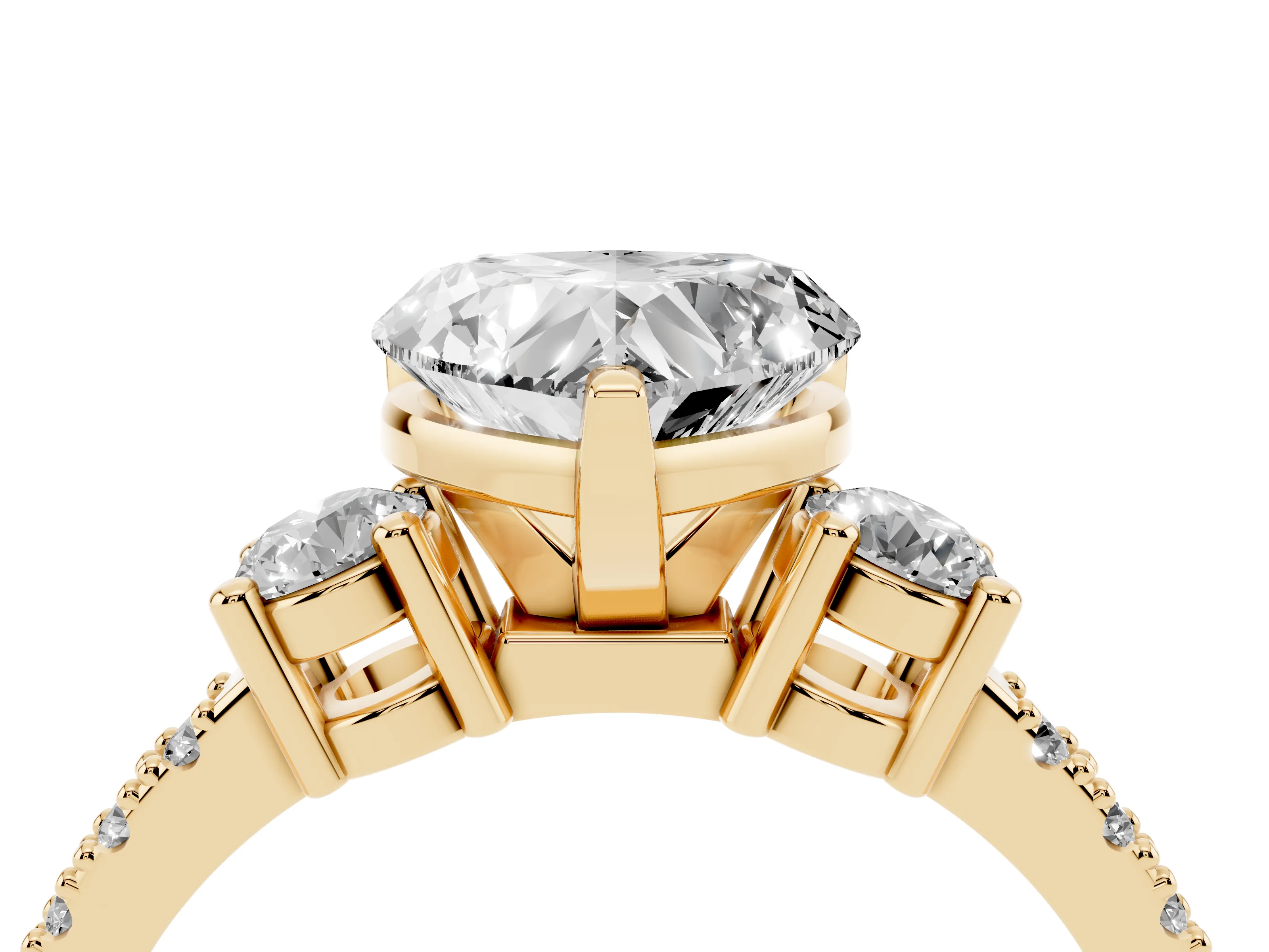 Three-Stone Heart Cut Diamond Pavé Band Ring Set in Yellow gold with Prong Setting