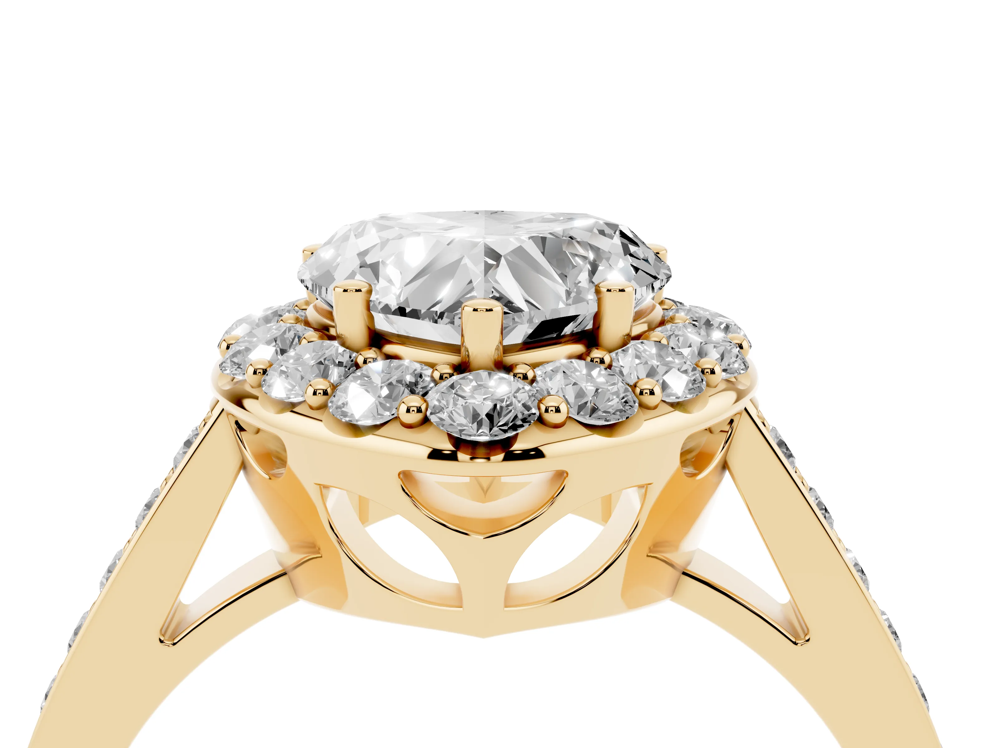 Heart Cut Diamond Floral Halo Ring Set in Yellow gold with Pavé Band and Prong Setting