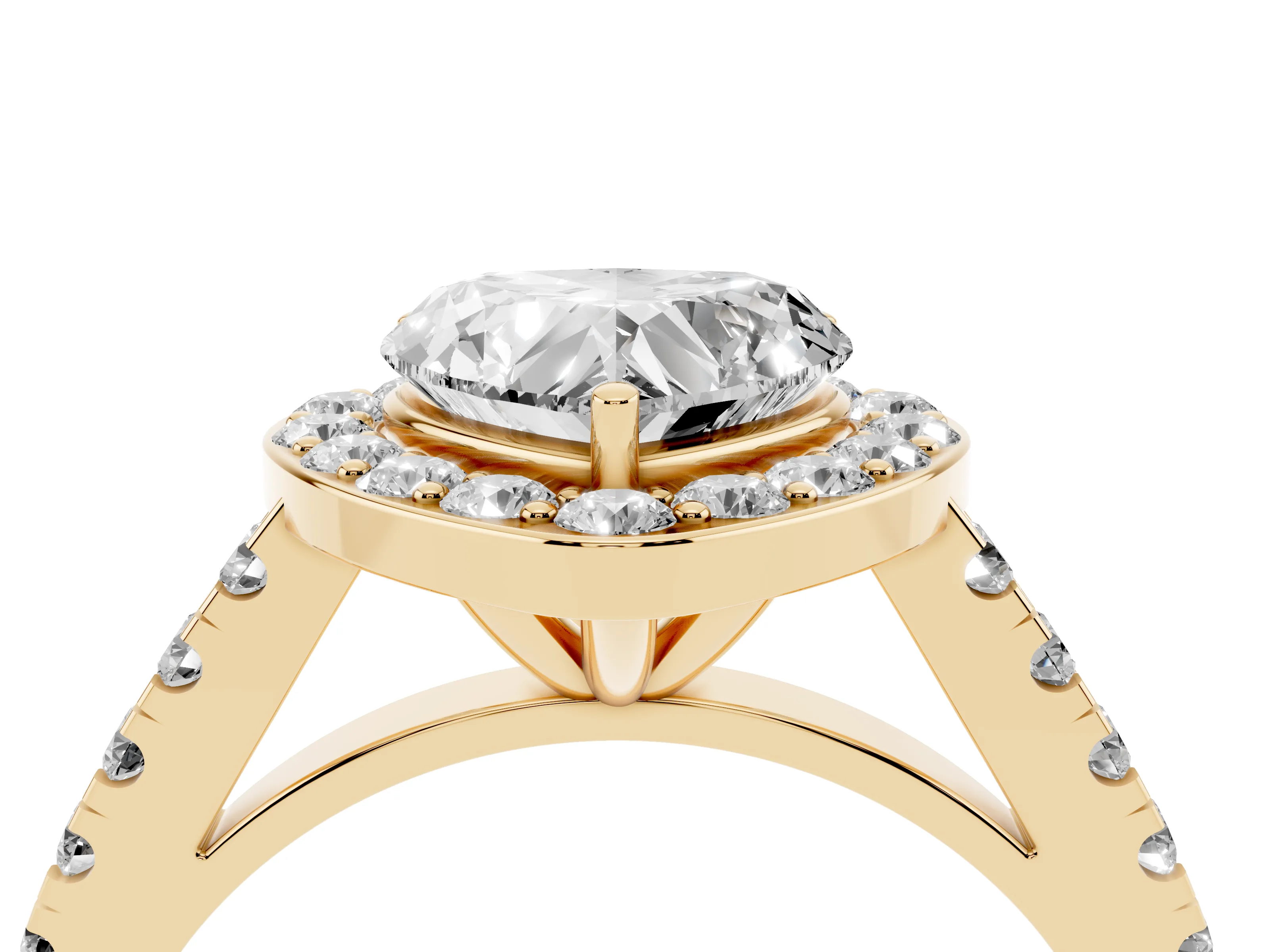 Heart Cut Diamond Halo Ring Set in Yellow gold with Round Pavé Split Shank and Prong Setting