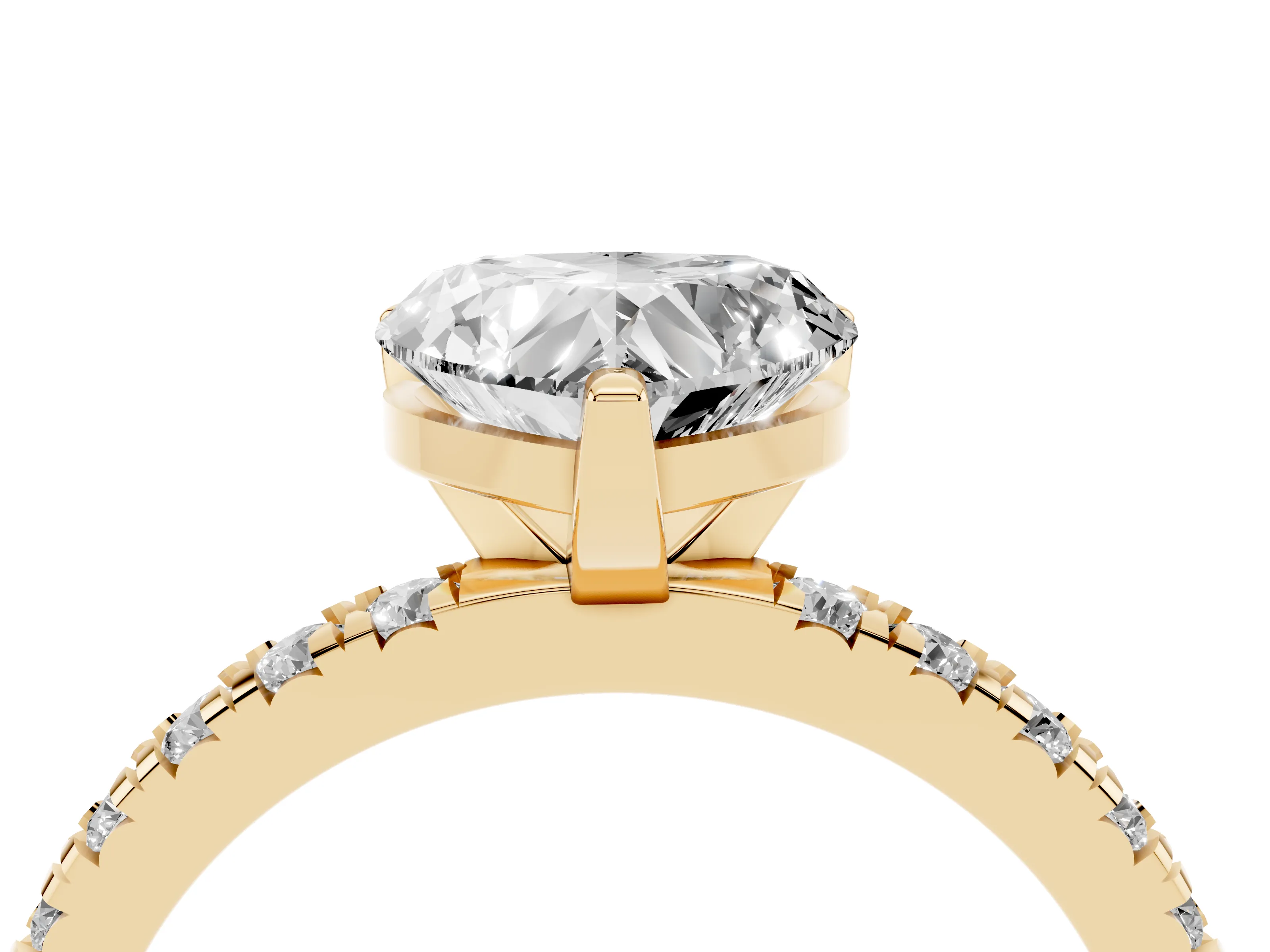 Heart Cut Diamond Pavé Band Solitaire Set in Yellow gold with Prong Setting