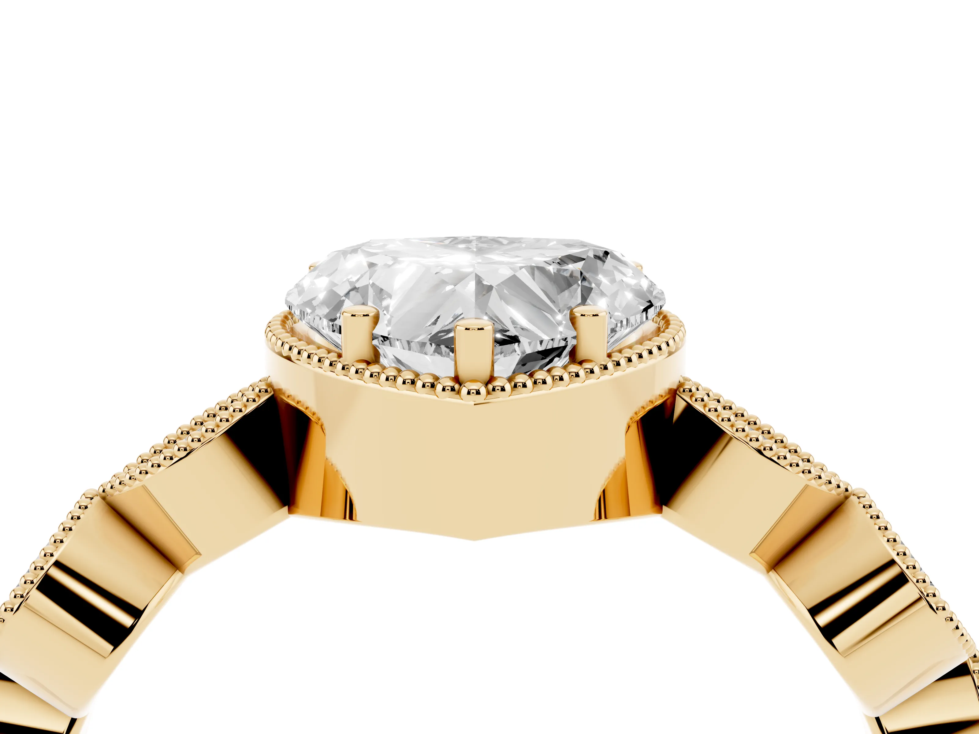 Heart Cut Diamond Vintage-Inspired Milgrain Ring Set in Yellow gold with Marquise Stations of Round Accents