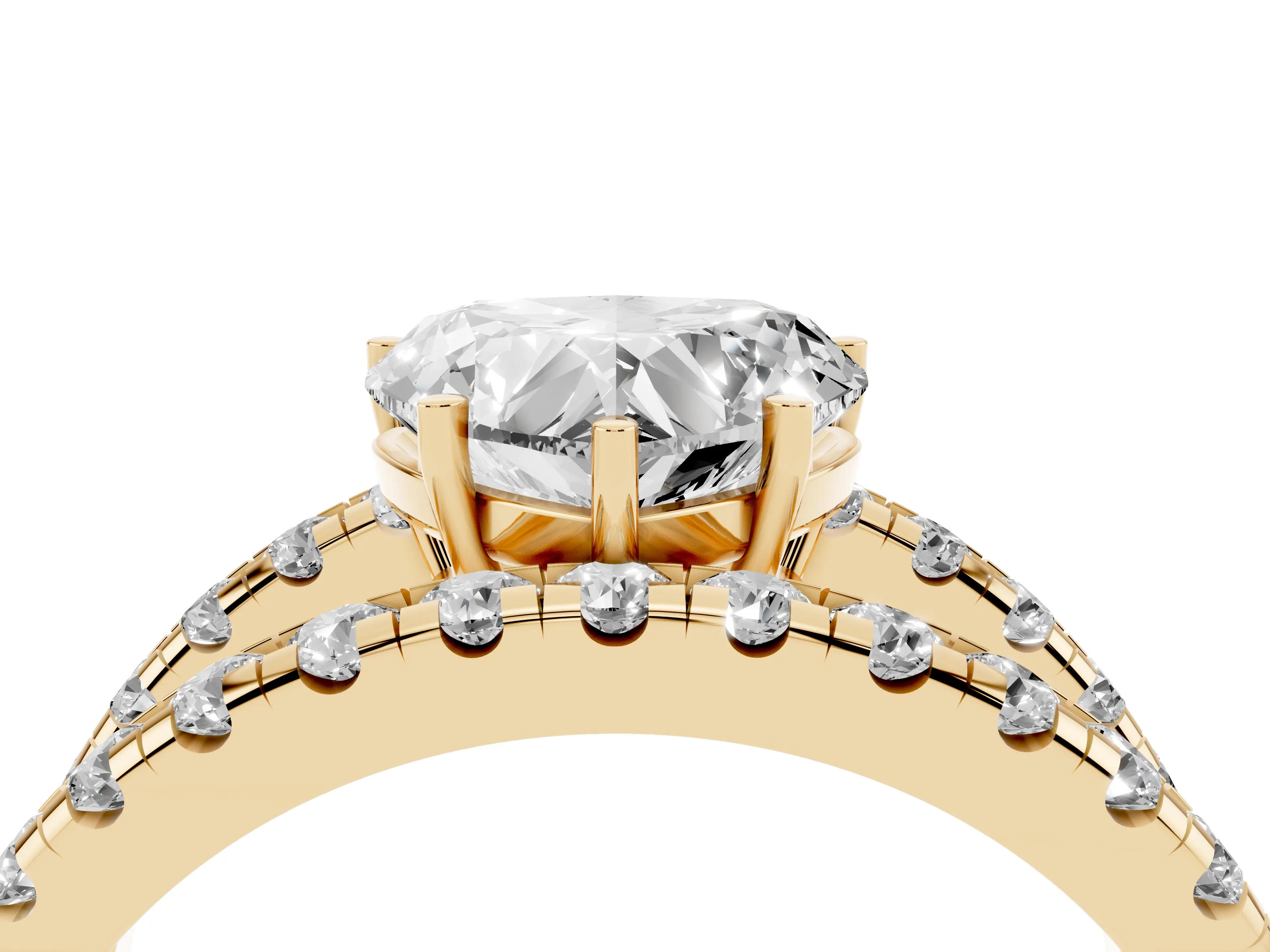 Heart Cut Diamond Split Shank Pavé Solitaire Ring Set in Yellow gold with Open Shank Design