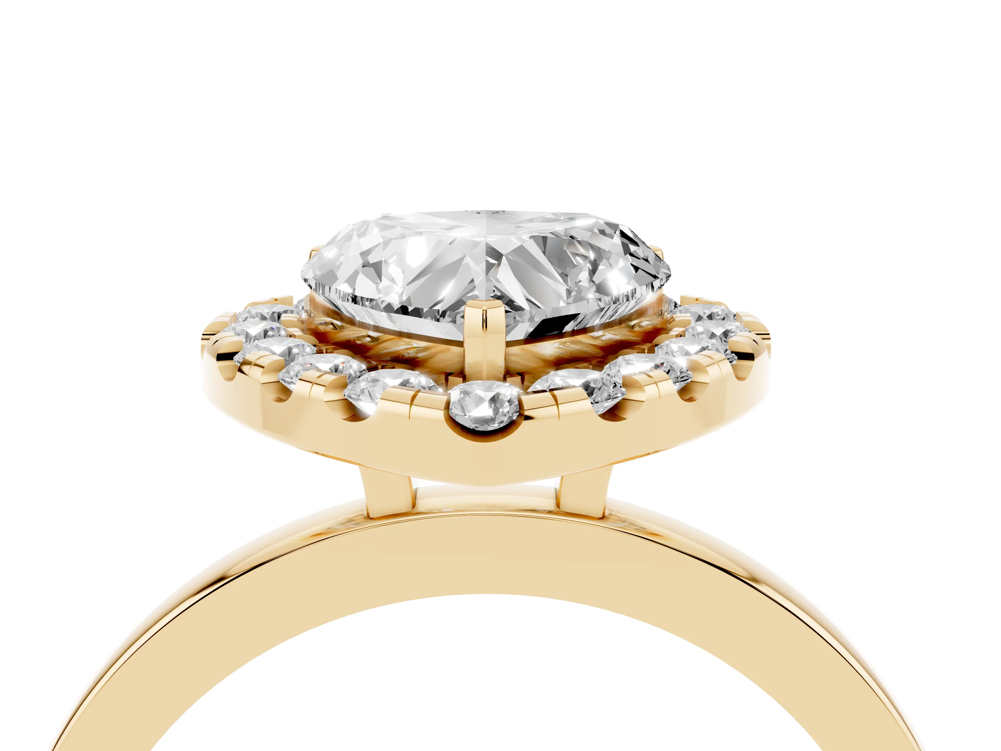 Heart Cut Diamond Halo Solitaire Ring Set in Yellow gold with Pavé Band and Prong Setting