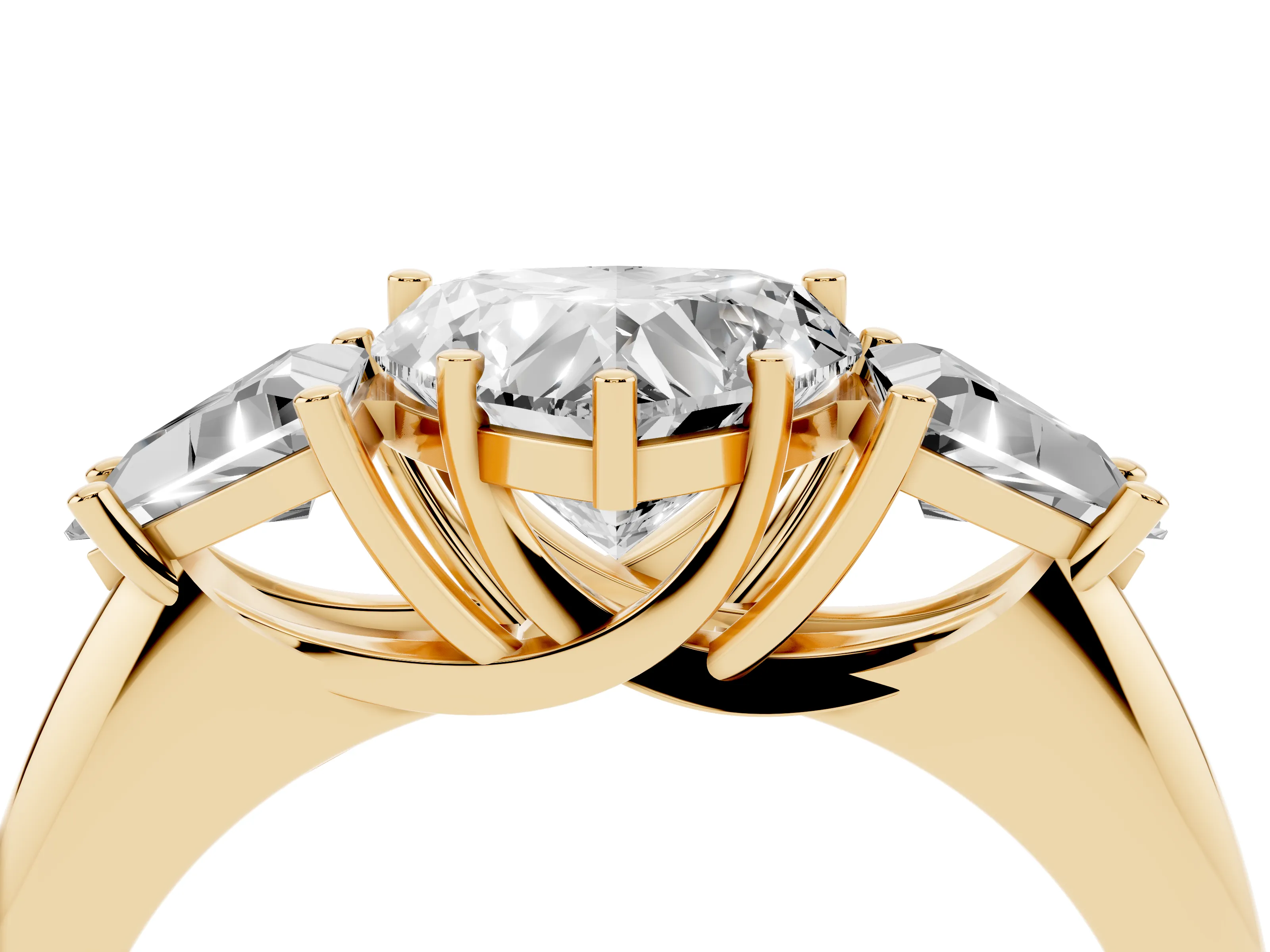 Heart Cut Diamond Three-Stone Engagement Ring Set in Yellow gold with Trillion Side Stones