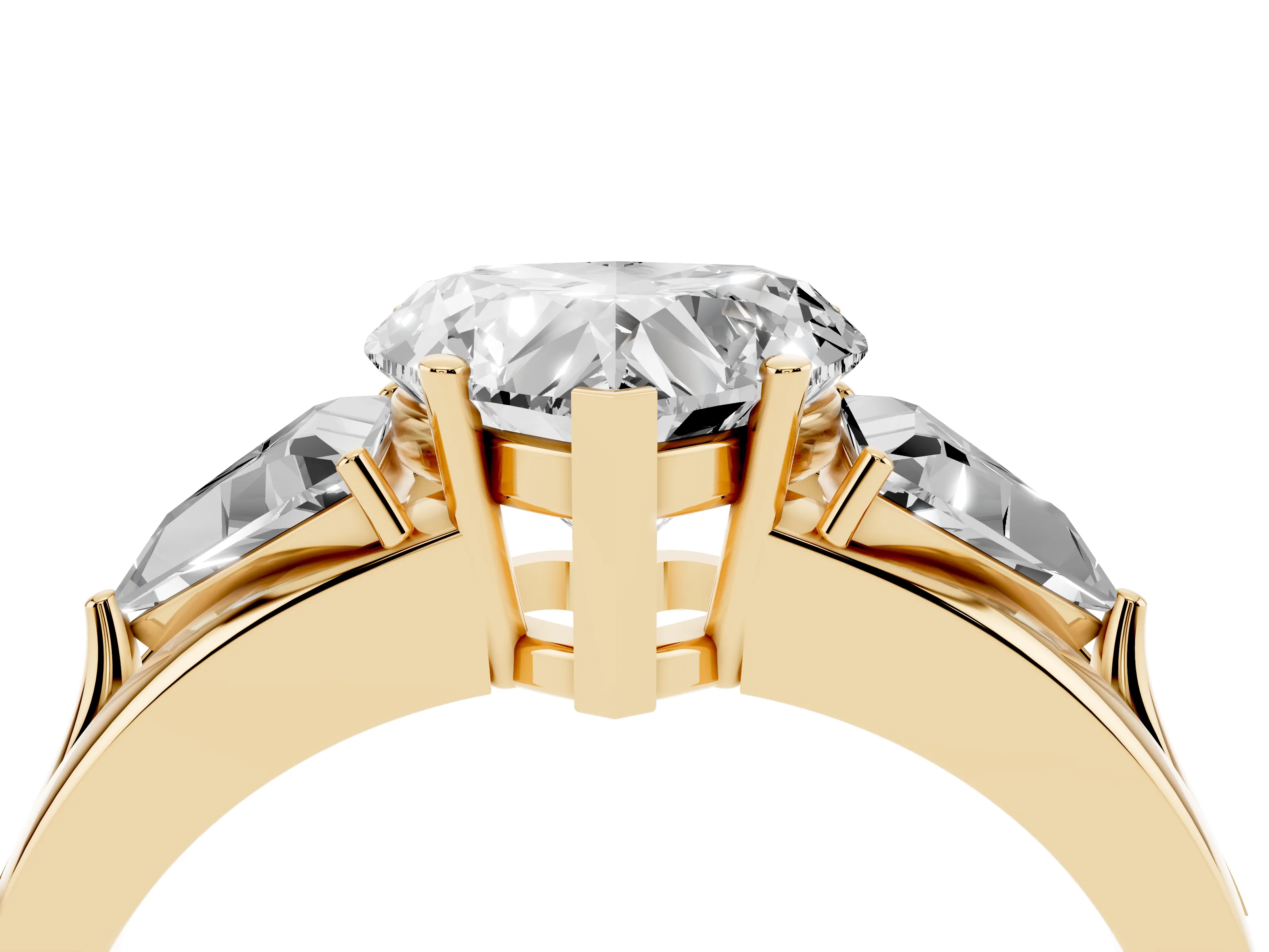 Heart Cut Diamond Three-Stone Ring Set in Yellow gold with Trillion Side Stones and Split Shank