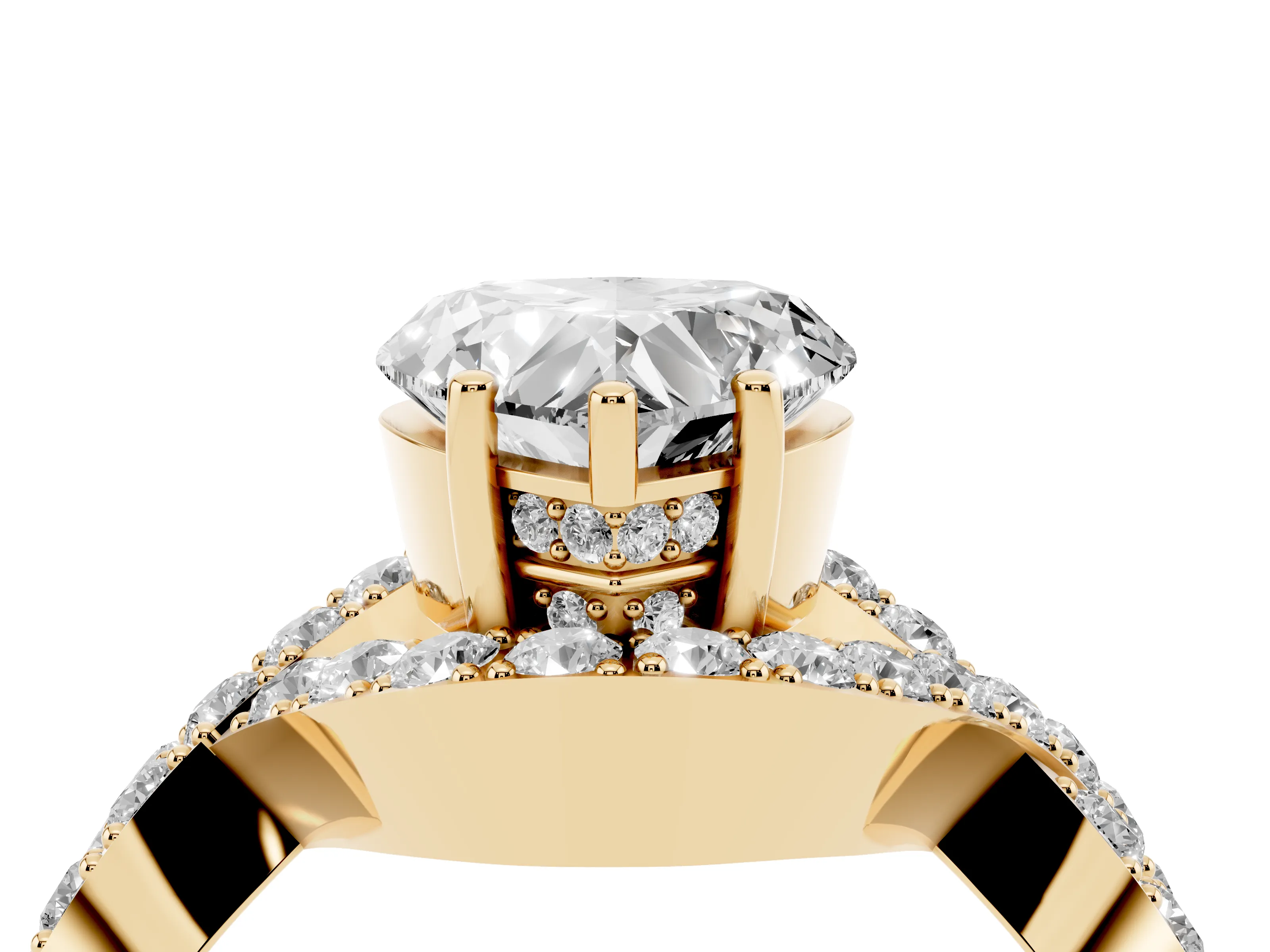 Heart Cut Diamond Solitaire Twist Band Pavé Engagement Ring Set in Yellow gold