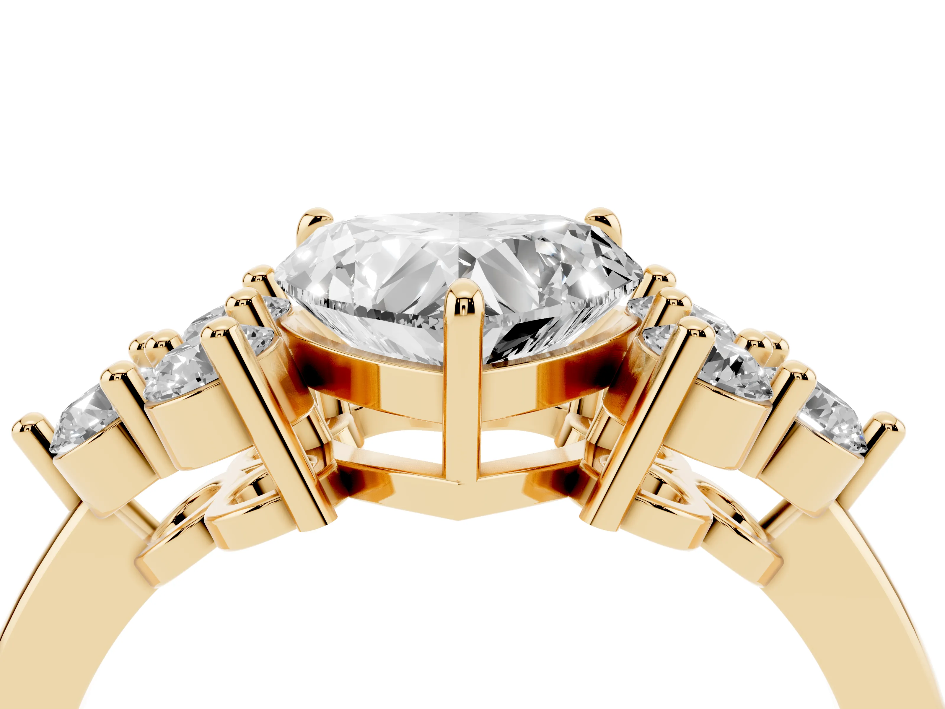 Heart Cut Diamond Solitaire Ring Set in Yellow gold with Cluster Accents on Each Side