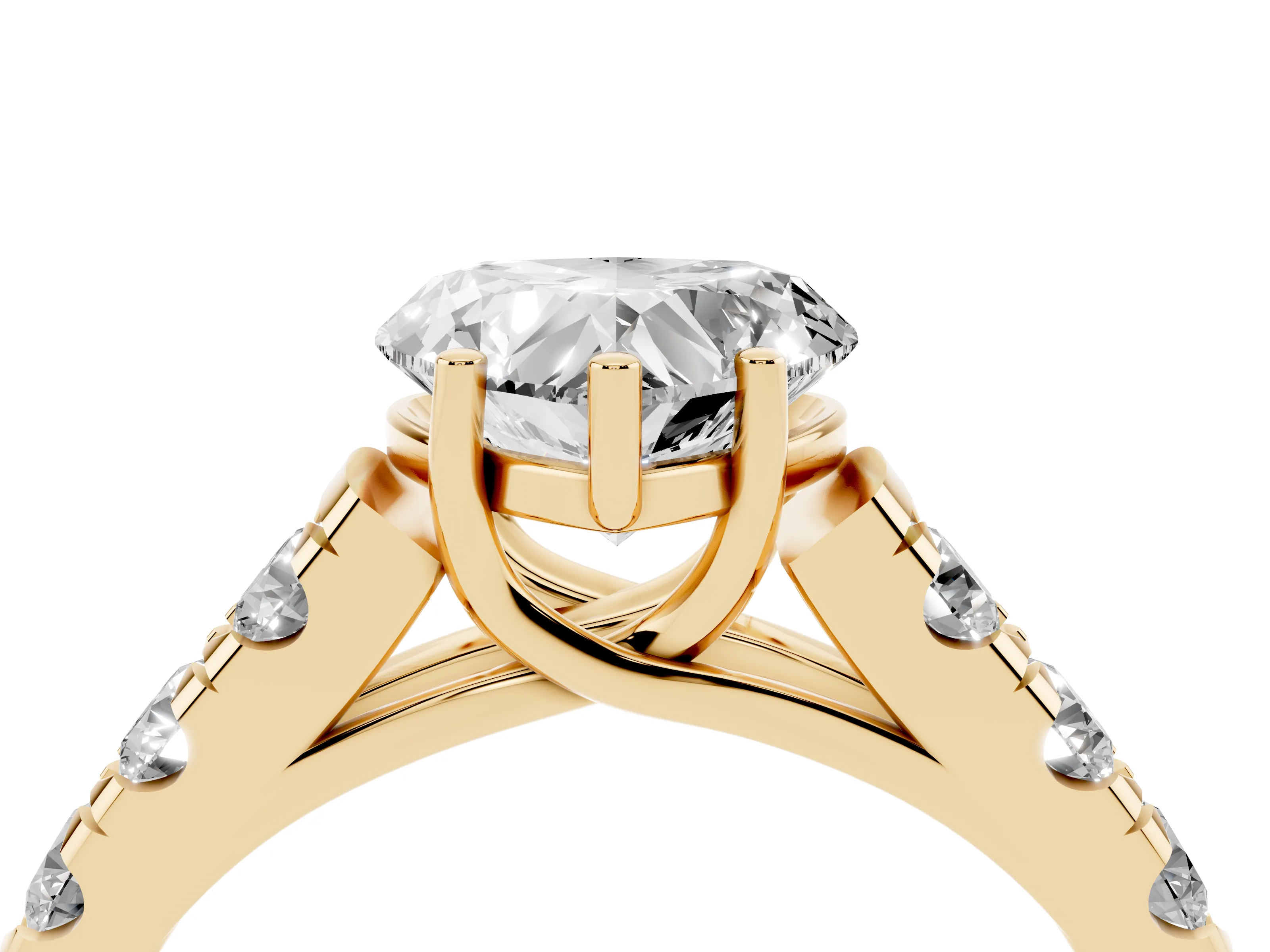 Heart Cut Diamond Solitaire Ring Set in Yellow gold with Cut-Down Micro Pavé Band and Prong Setting