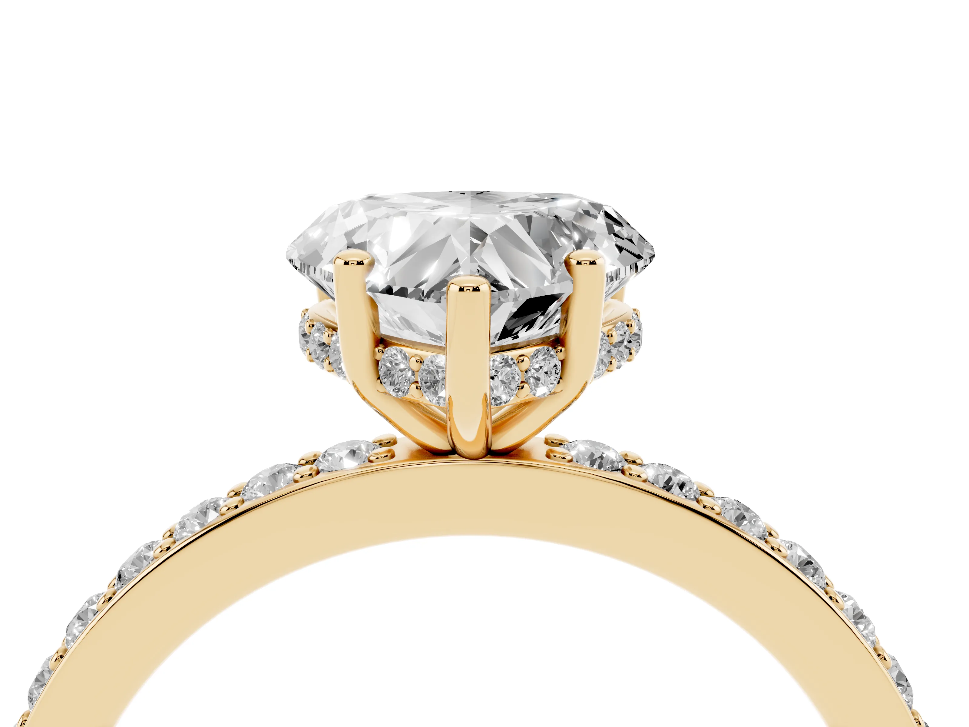 Heart Cut Diamond Pavé Band Ring Set in Yellow gold with Prong-Set Center Stone