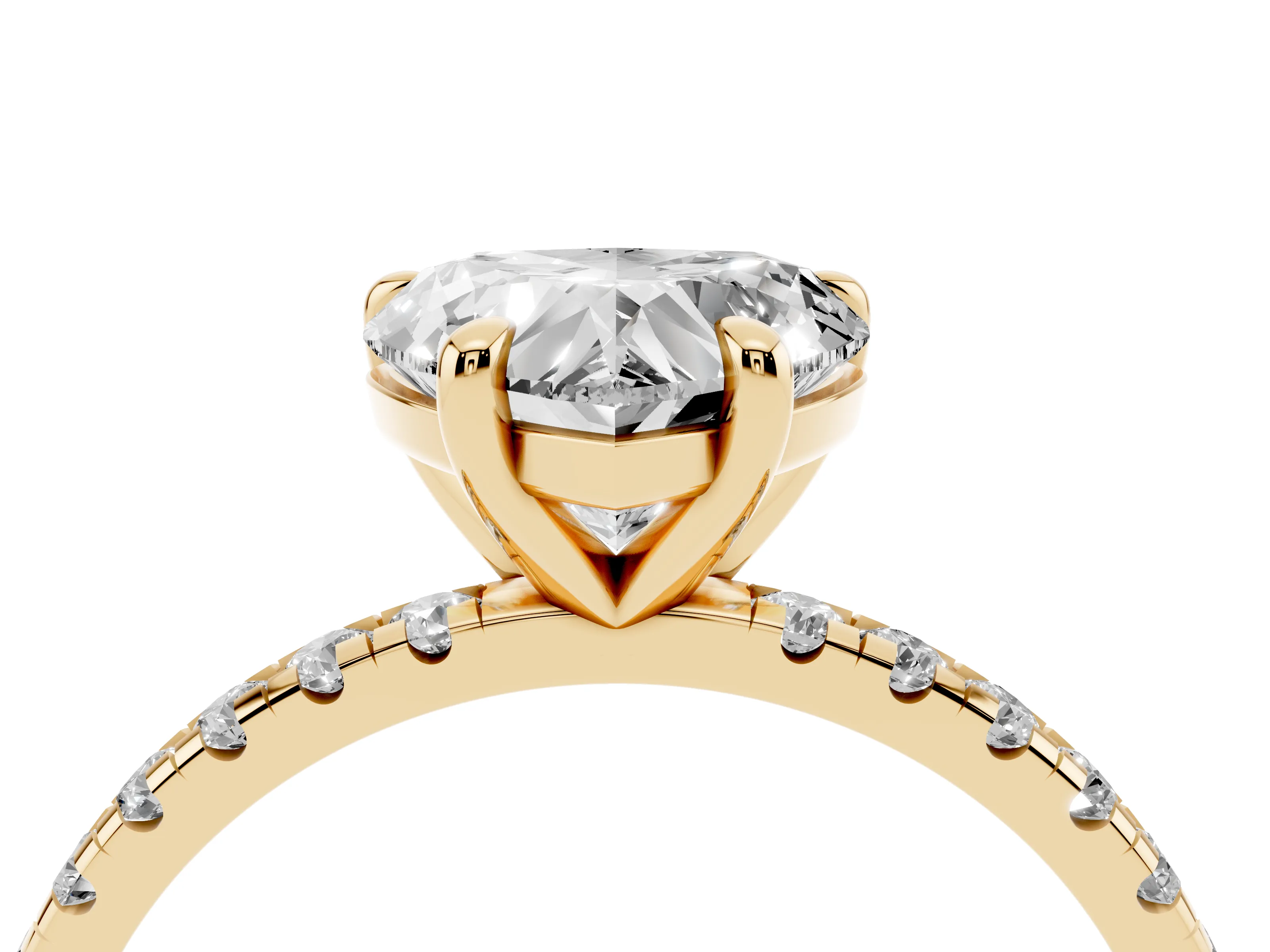 Heart Cut Diamond Brilliant Solitaire Ring Set in Yellow gold with Pavé Band and Prong Setting