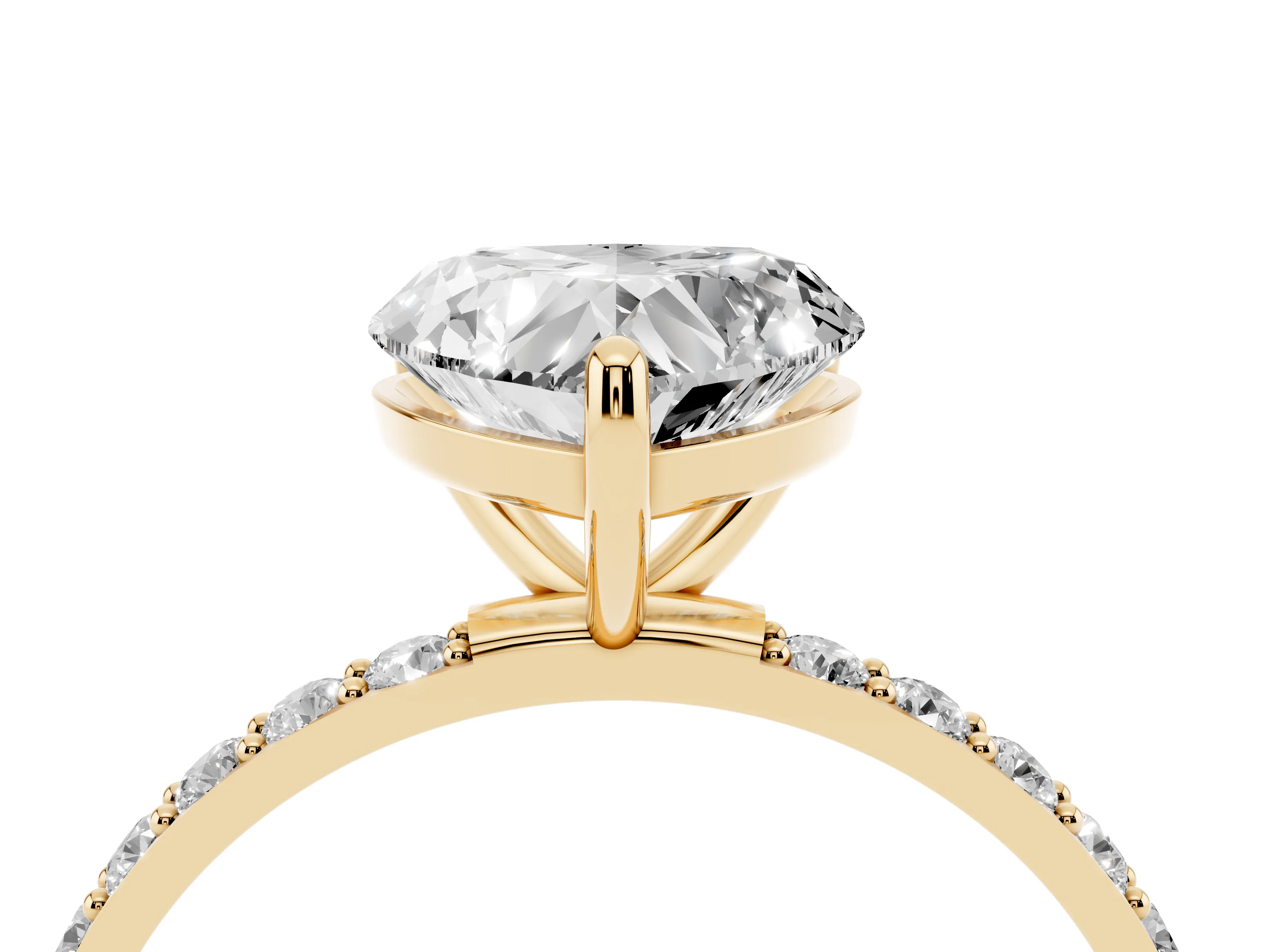 Heart Cut Diamond Solitaire Ring Set in Yellow gold with Round Pavé Band and Prong Setting
