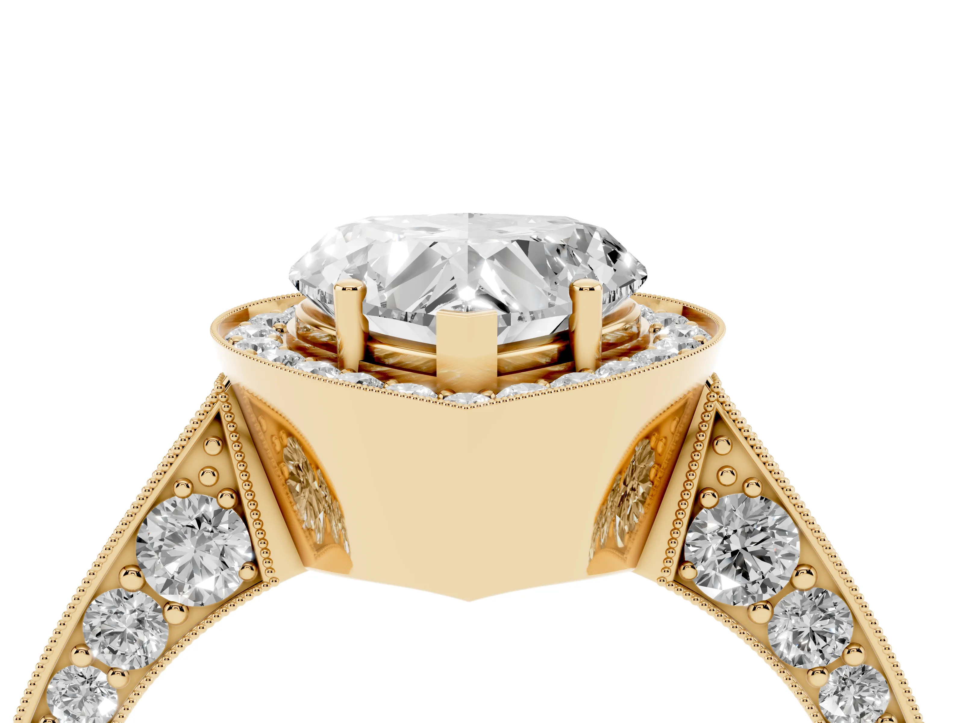 Heart Cut Diamond Halo Engagement Ring Set in Yellow gold with Accent Split Shank Band