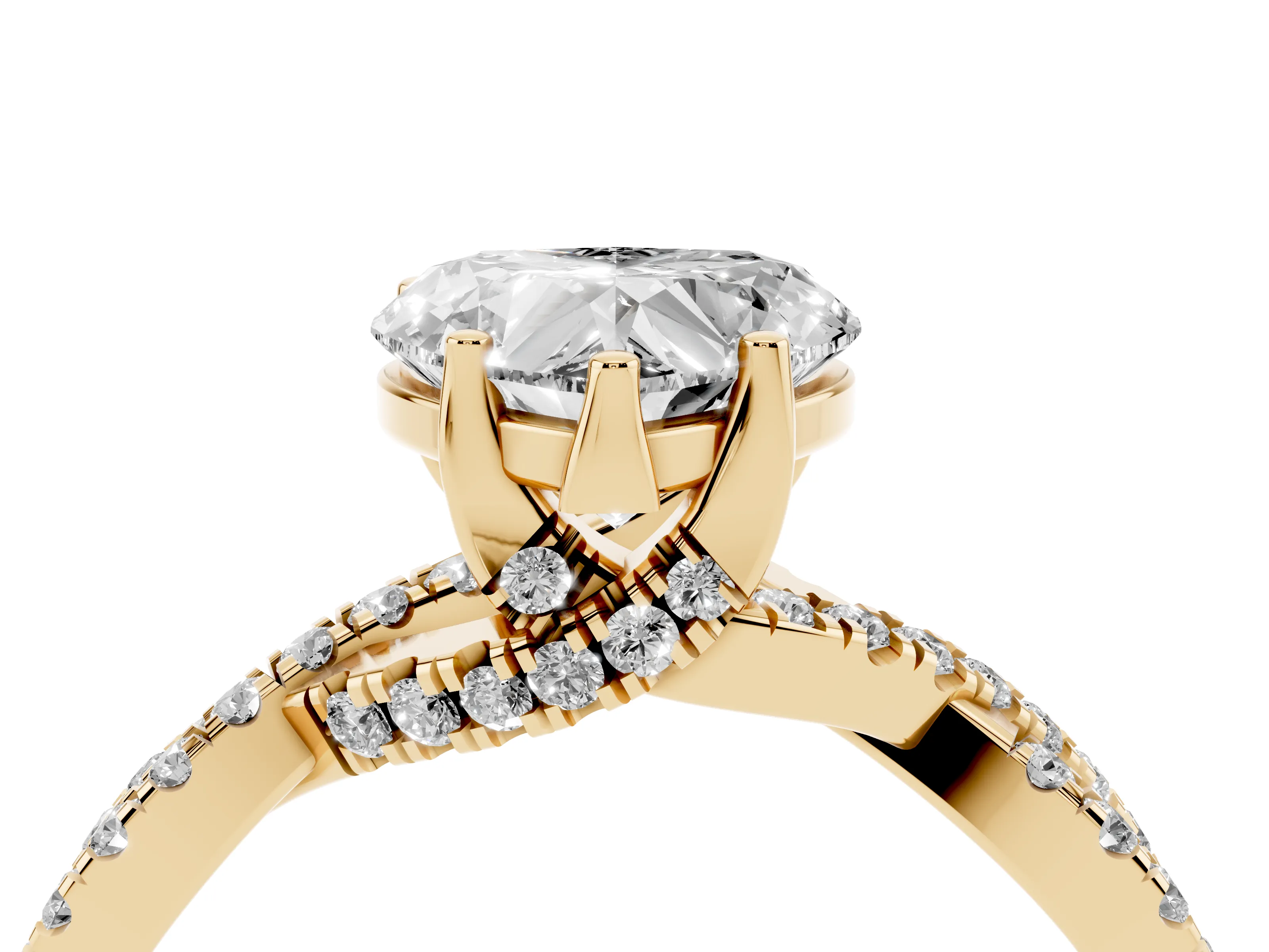 Heart Cut Diamond Twist Pavé Solitaire Engagement Ring Set in Yellow gold with Prong Setting