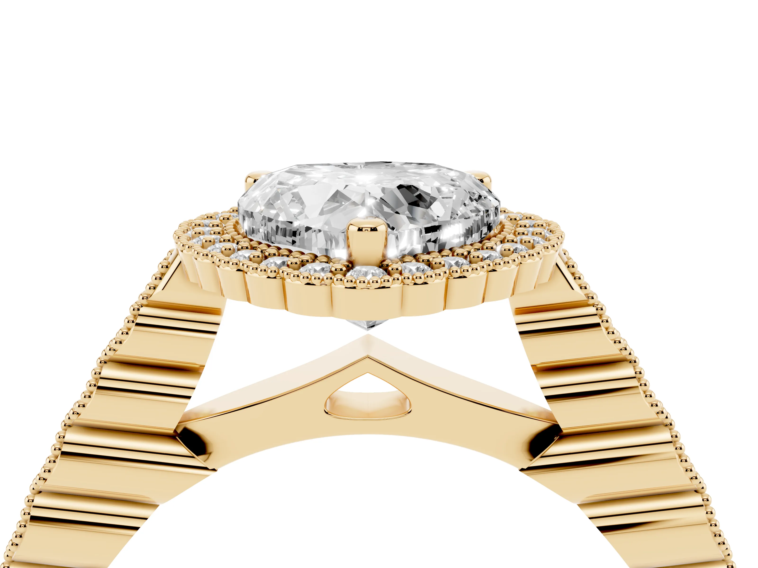 Heart Cut Diamond Halo Ring Set in Yellow gold with Pavé Milgrain Band