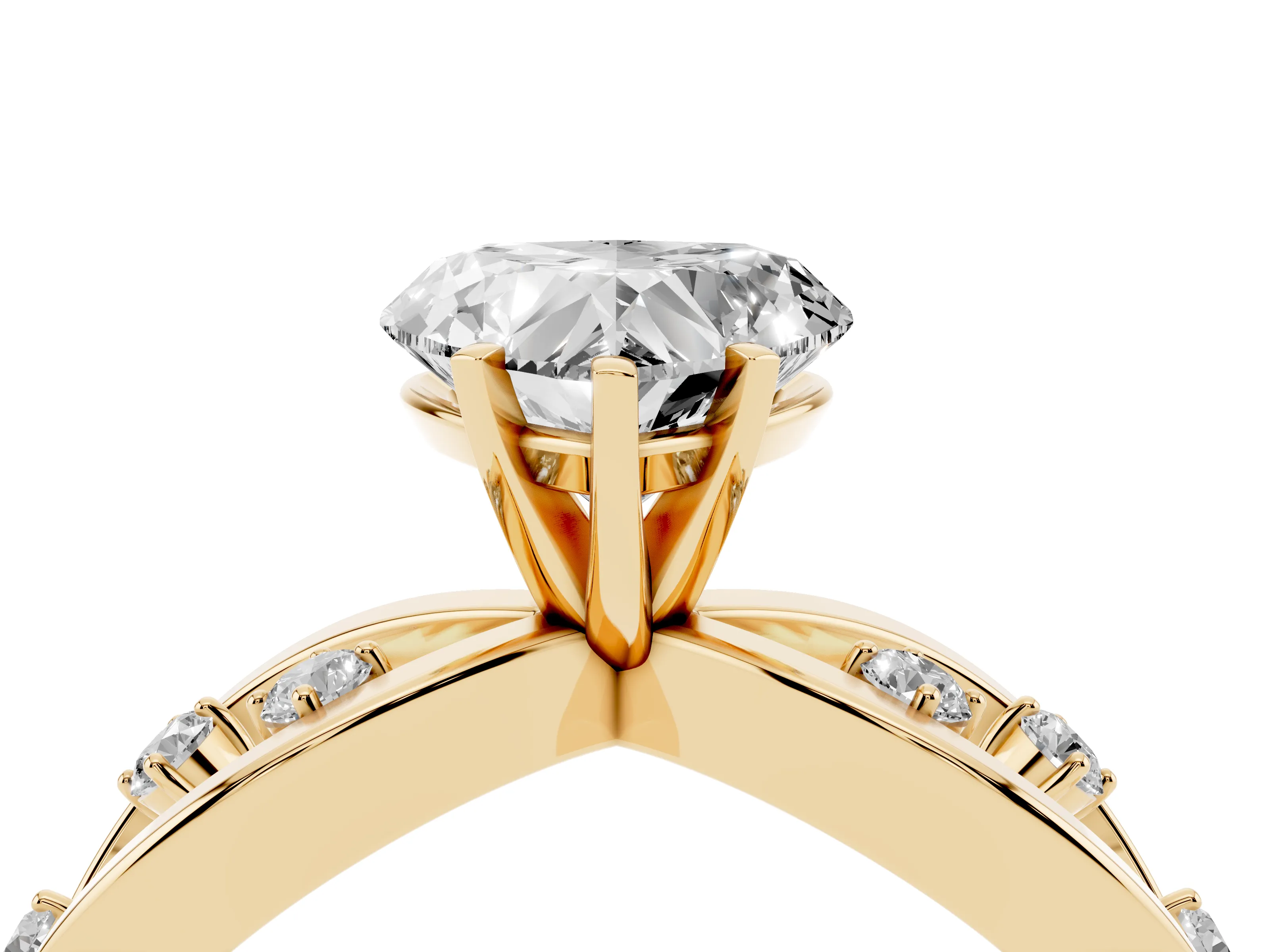 Heart Cut Diamond Solitaire Ring Set in Yellow gold with Side Stones on Criss-Cross Band and Prong Setting