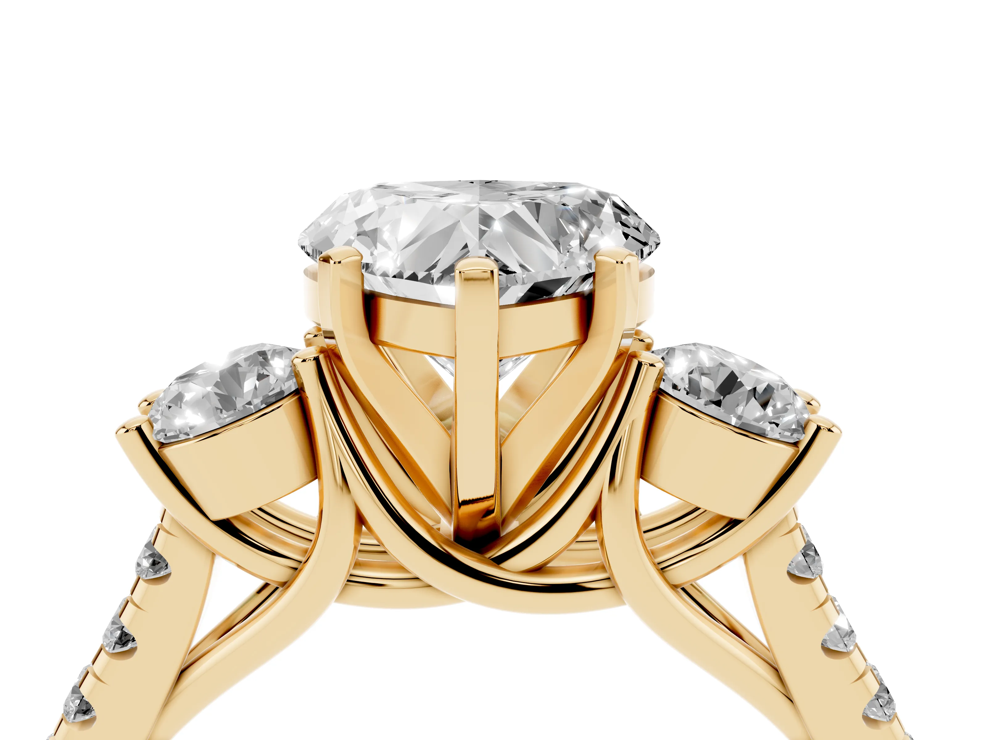 Three-Stone Heart Cut Diamond Pavé Band Ring Set in Yellow gold with Prong-Set Trio