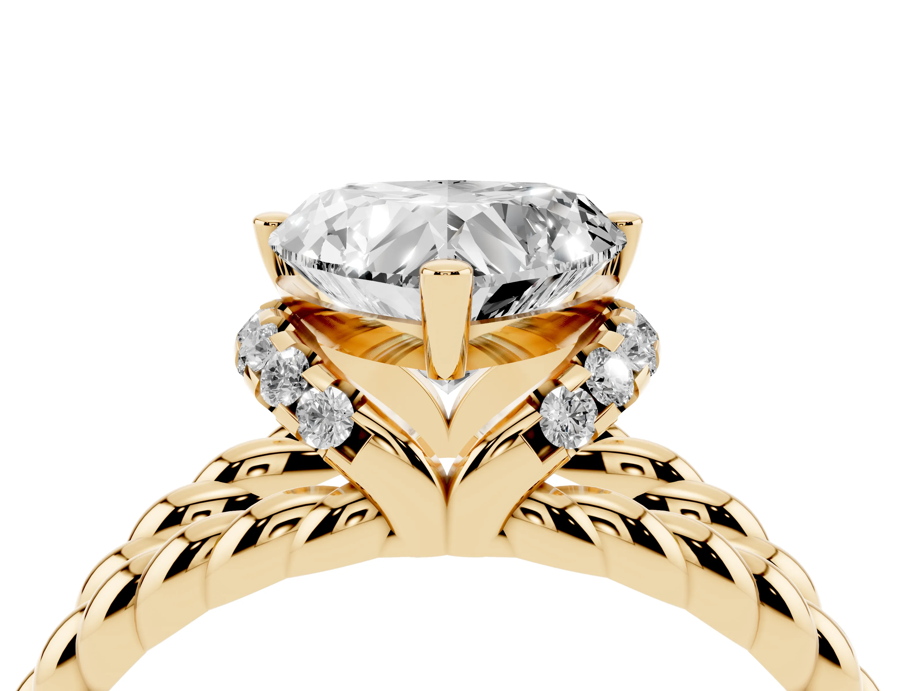 Heart Cut Diamond Halo Ring Set in Yellow gold with Twisted Band and Prong Setting