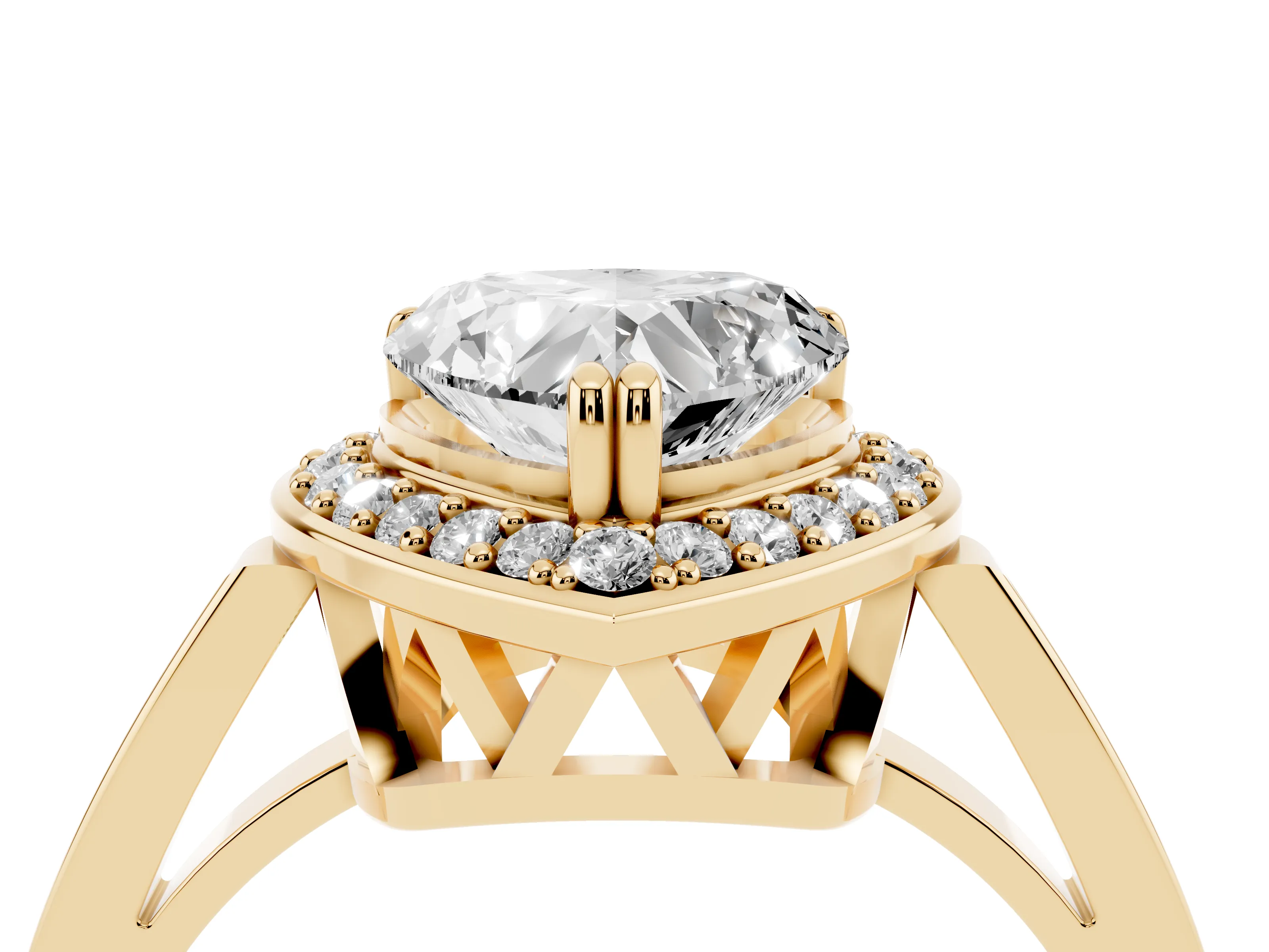 Heart Cut Diamond Halo Ring Set in Yellow gold with Accent-Lined Split Shank and Prong Setting