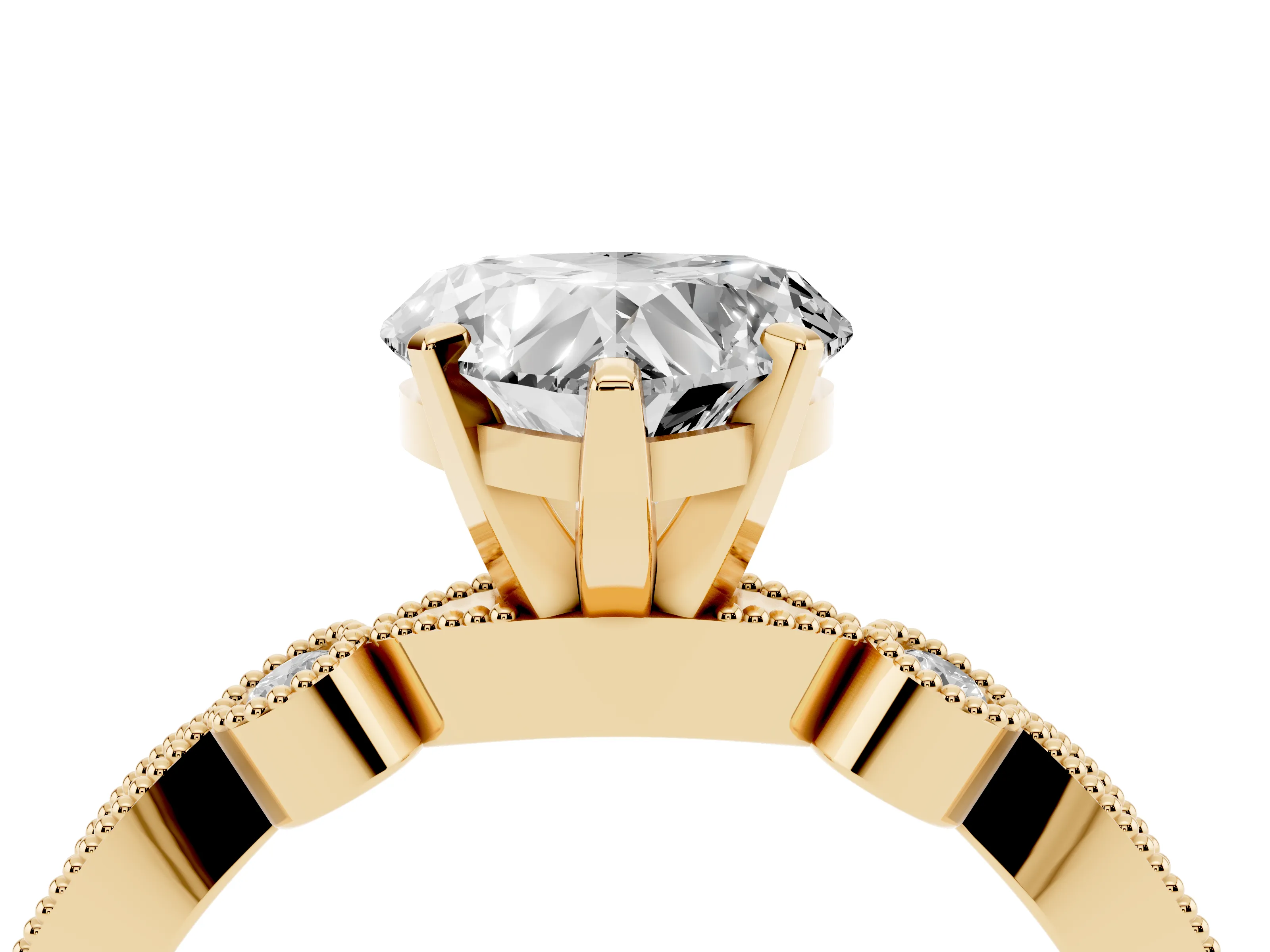 Heart Cut Diamond Solitaire Engagement Ring Set in Yellow gold with Milgrain Bezel Accent Band