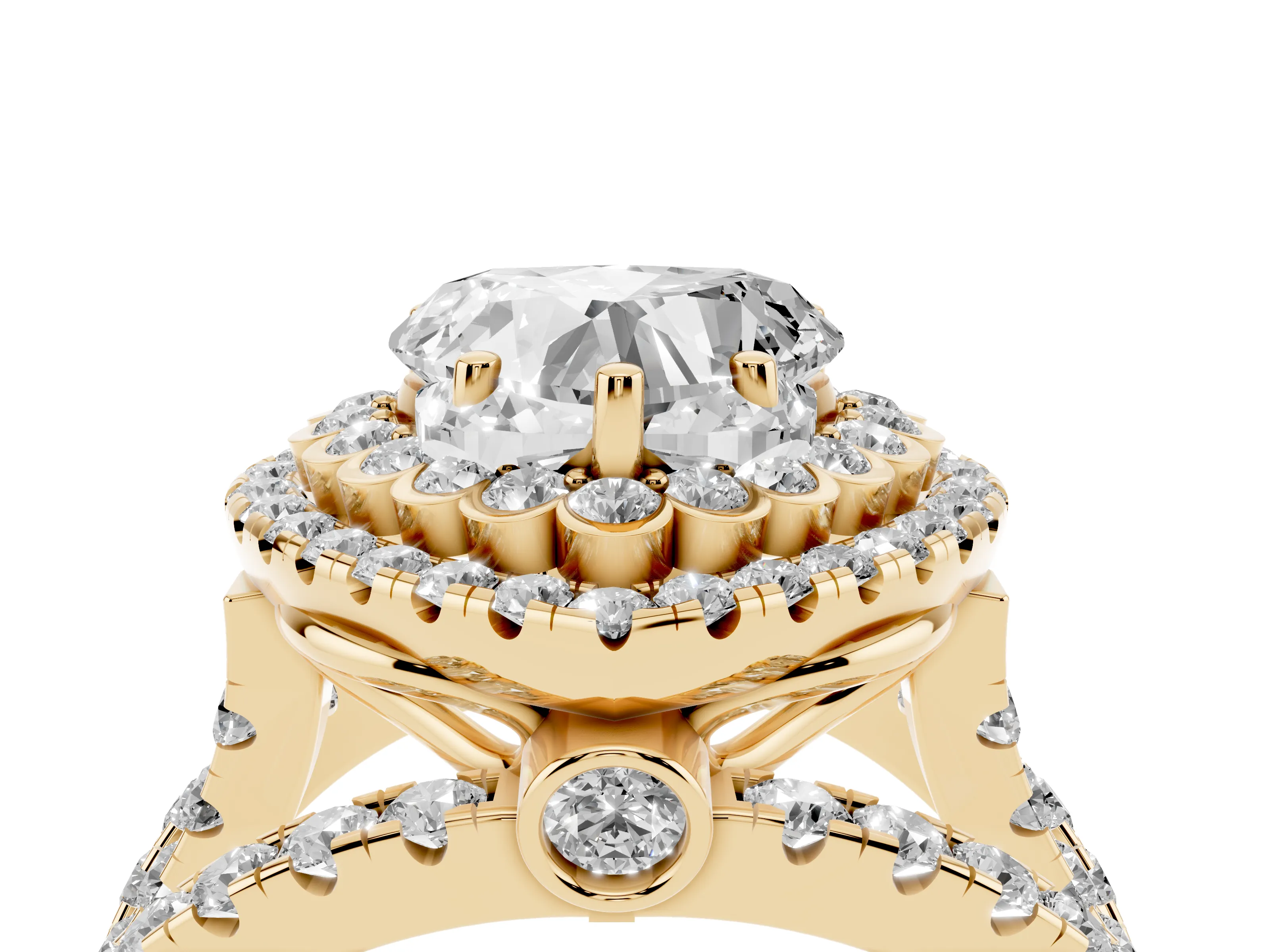 Heart Cut Diamond Double Halo Ring Set in Yellow gold with Round Pavé Split Shank