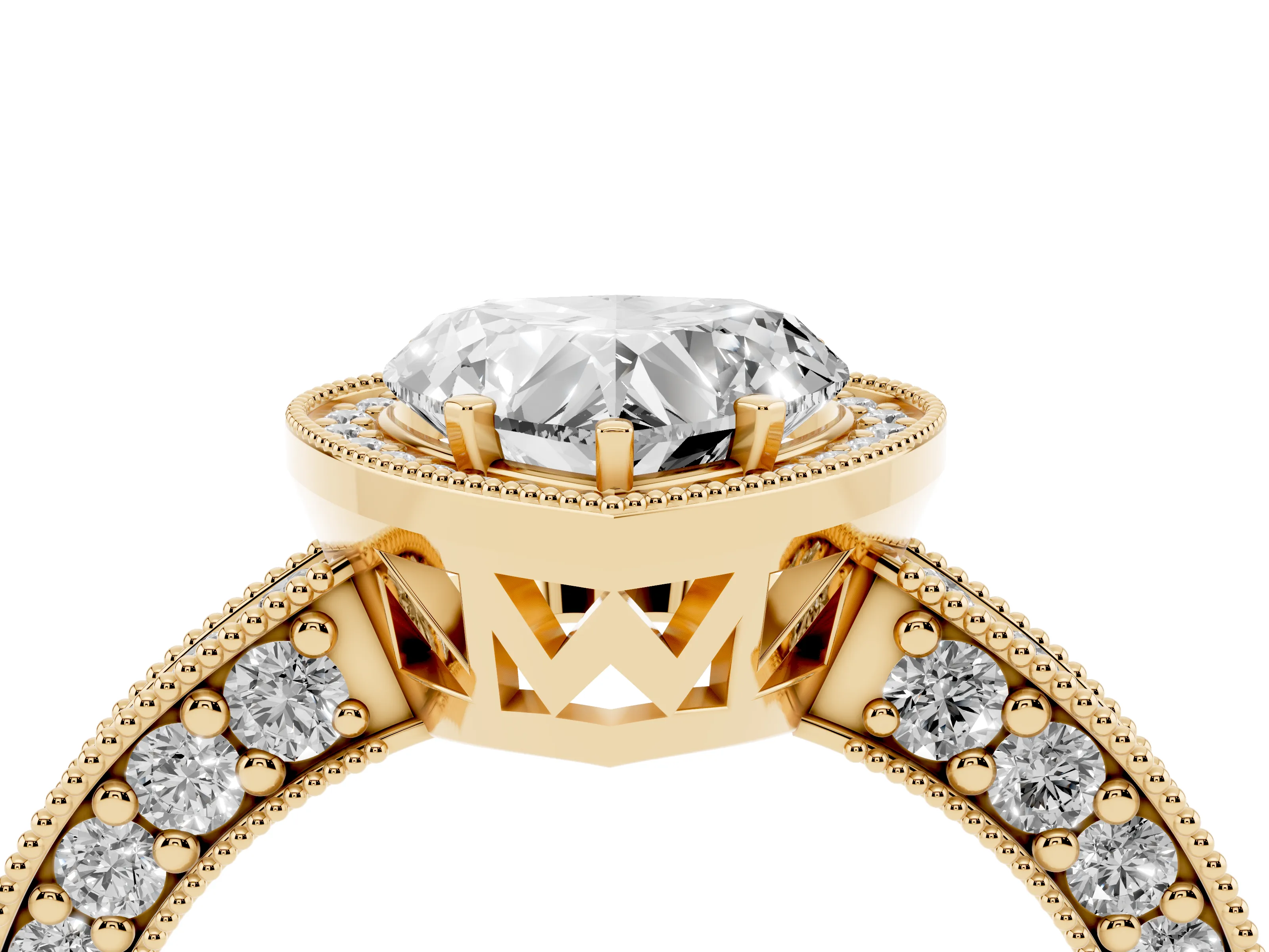 Heart Cut Diamond Halo Pavé Band Ring Set in Yellow gold with Prong-Set Center