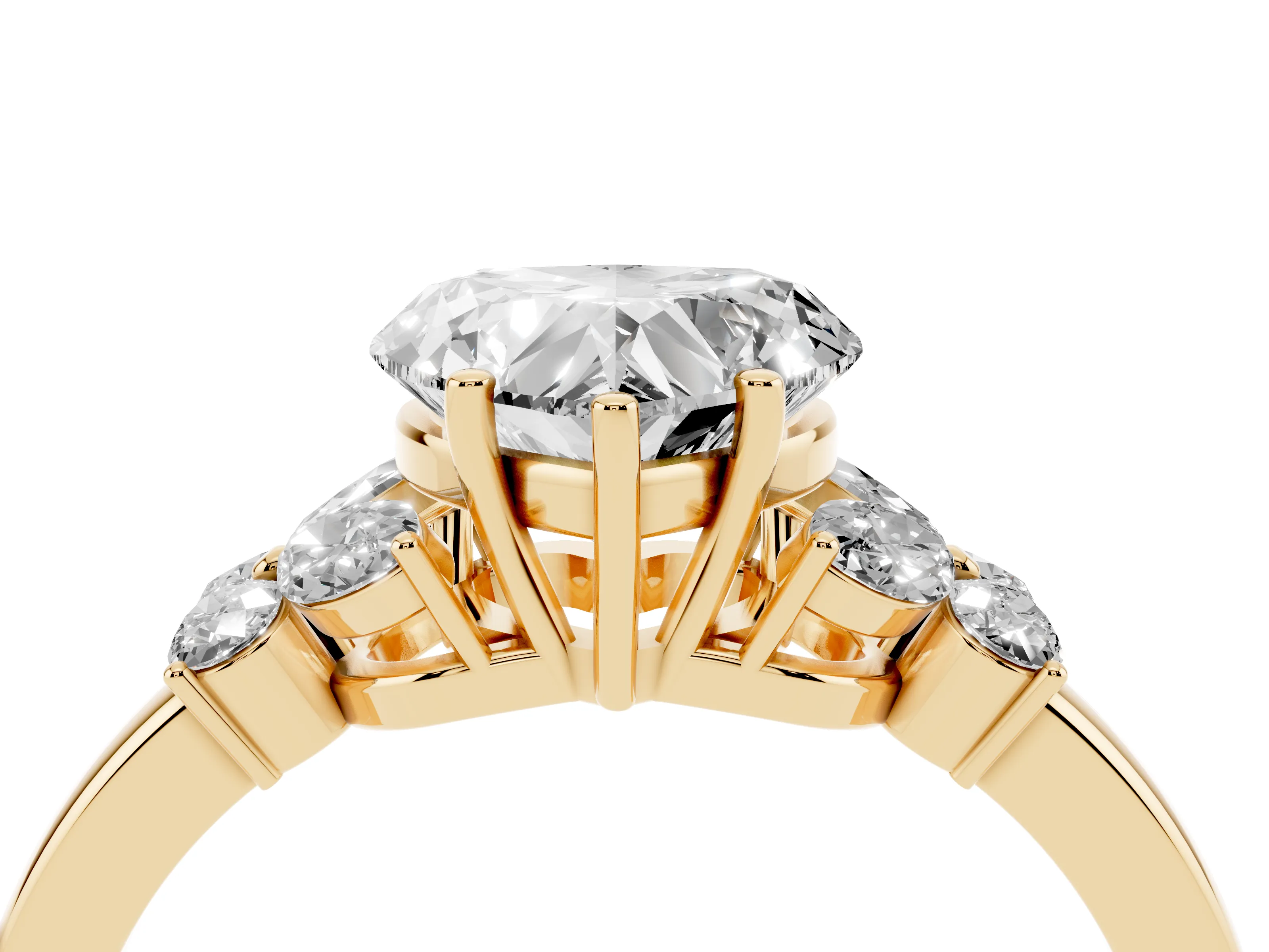 Heart Cut Diamond Solitaire Floral Ring Set in Yellow gold with Marquise Petals and Prong Setting