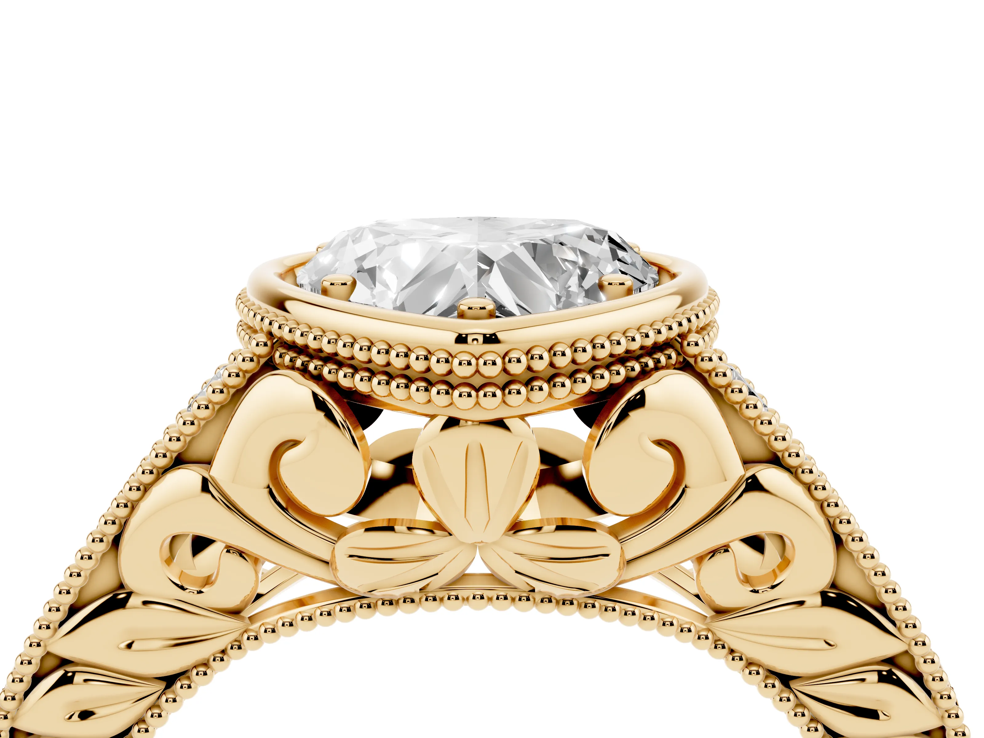 Bezel Set Heart Cut Diamond Milgrain Pavé Engagement Ring Set in Yellow gold