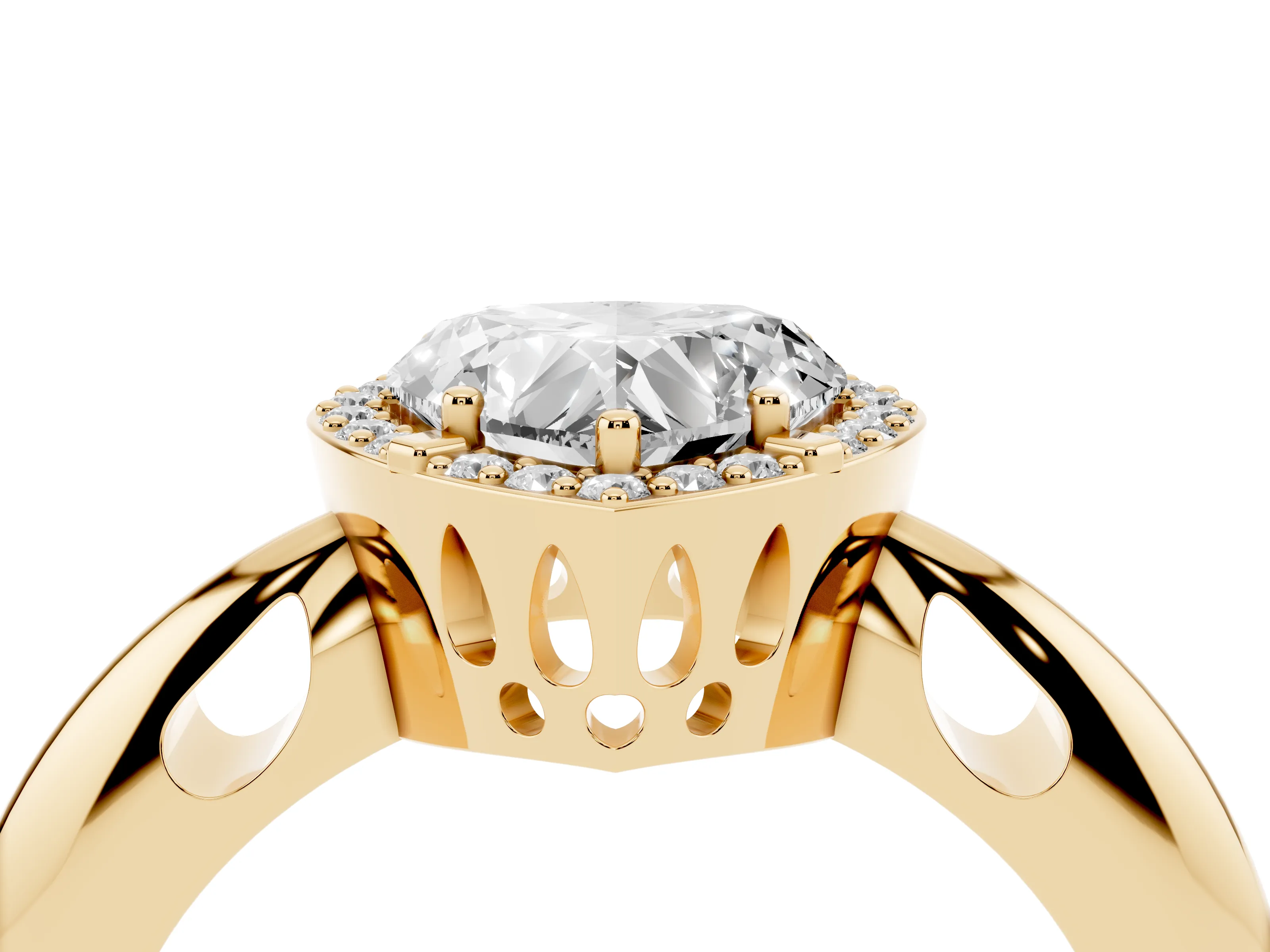 Heart Cut Diamond Halo Engagement Ring Set in Yellow gold with Plain Split Shank and Prong Setting