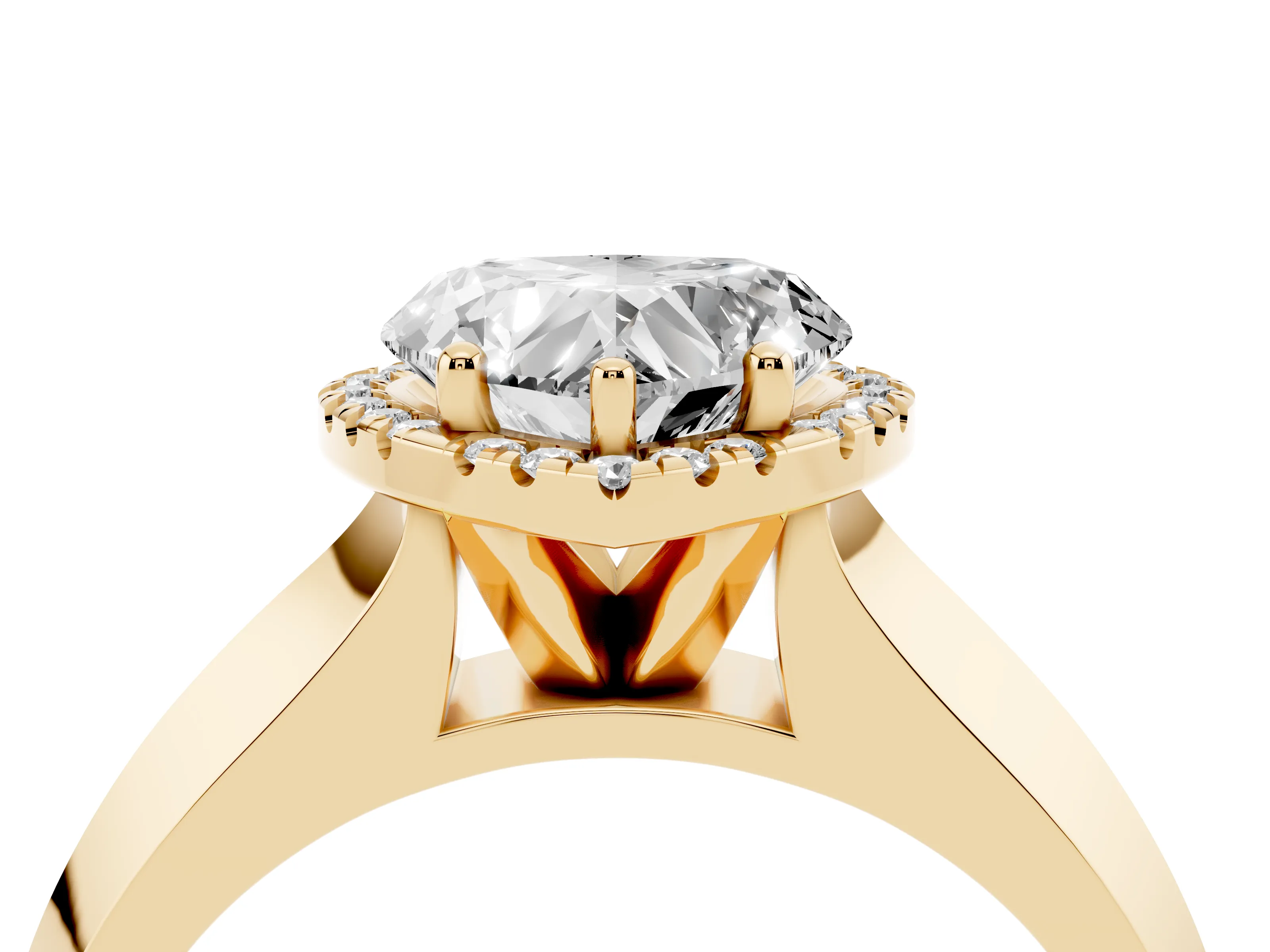 Heart Cut Diamond Halo Ring Set in Yellow gold with Cathedral Band and Prong Setting
