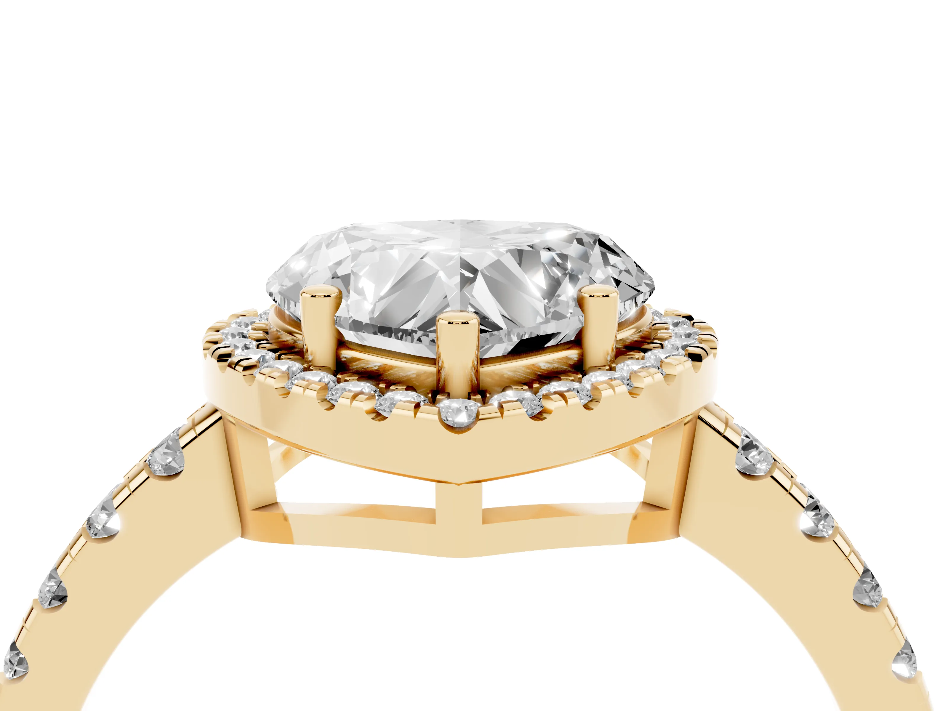 Heart Cut Diamond Halo Ring Set in Yellow gold with Delicate Pavé Band and Prong Setting
