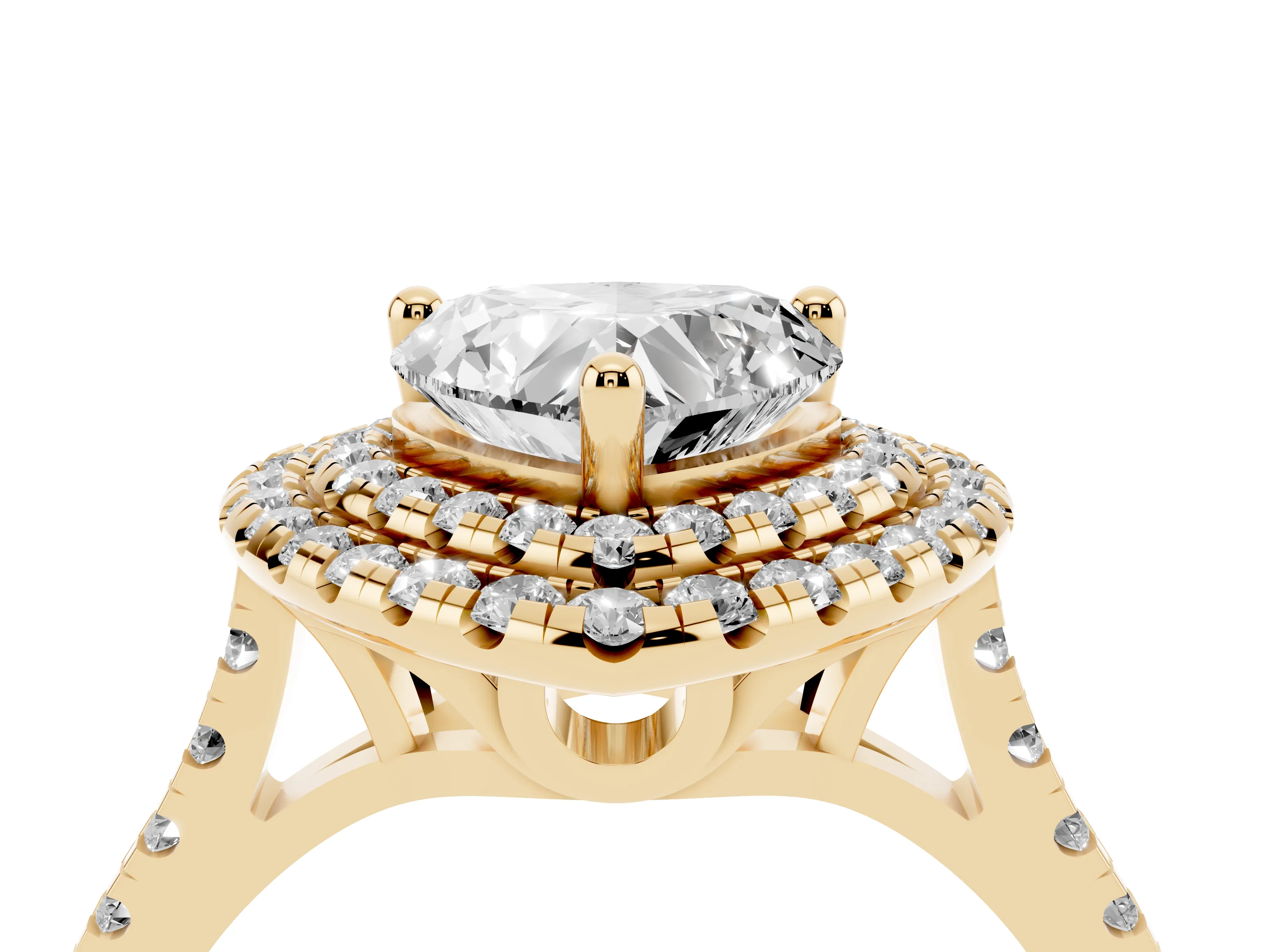 Heart Cut Diamond Double Halo Statement Ring Set in Yellow gold with Pavé Band