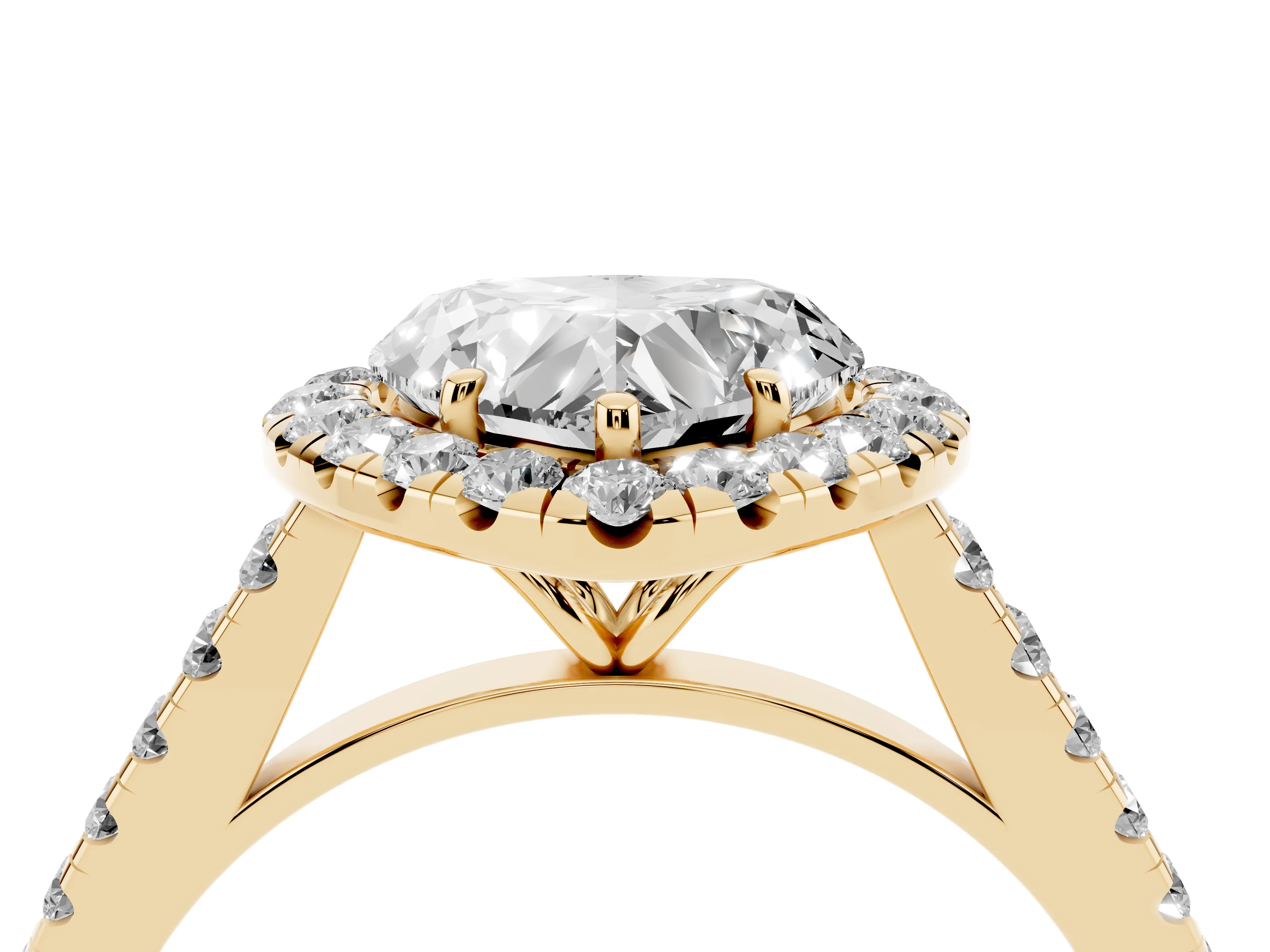 Heart Cut Diamond Halo Pavé Engagement Ring Set in Yellow gold with Prong Setting