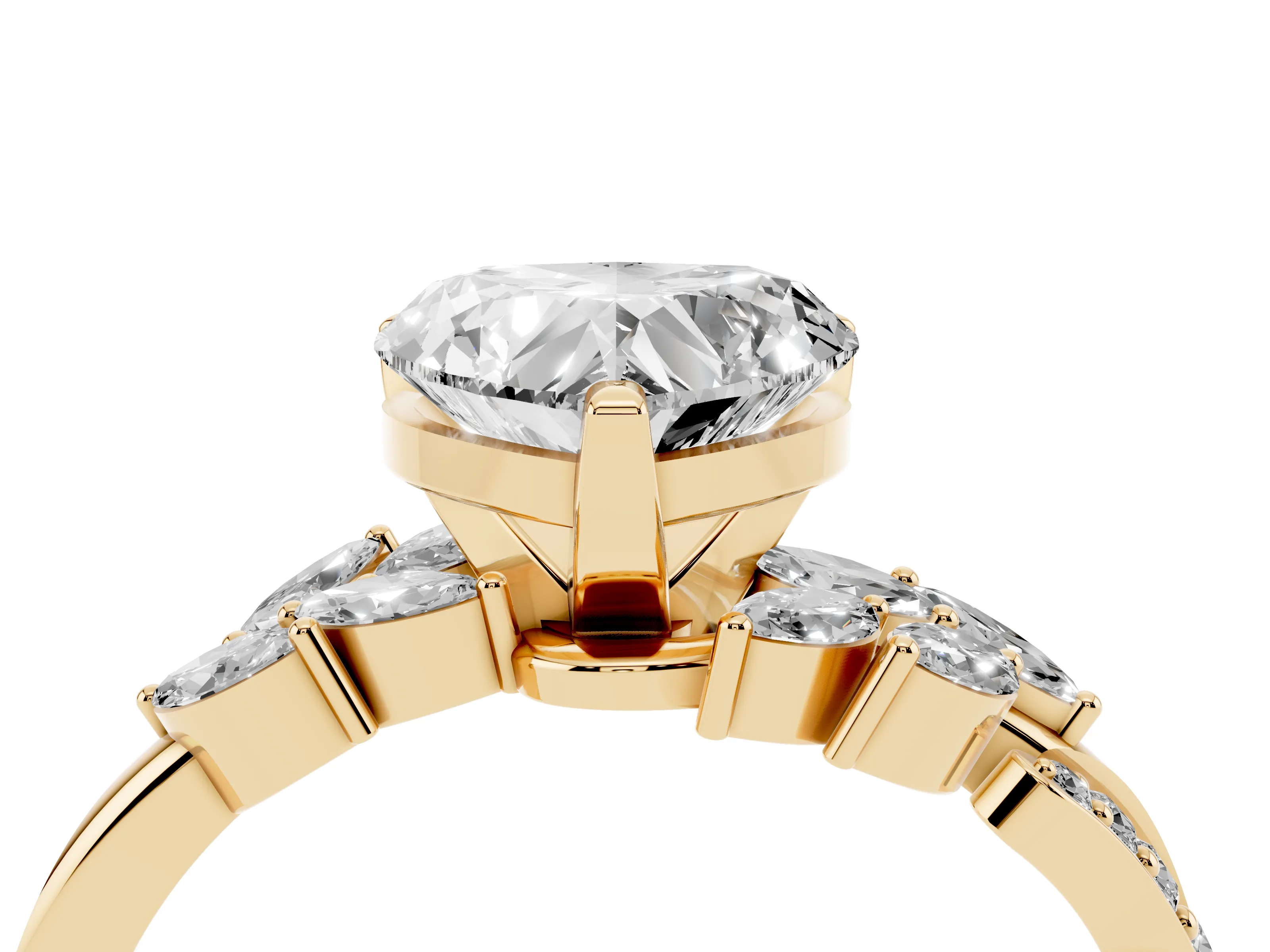 Heart Cut Diamond Solitaire Ring Set in Yellow gold with Marquise Twist Band and Prong Setting
