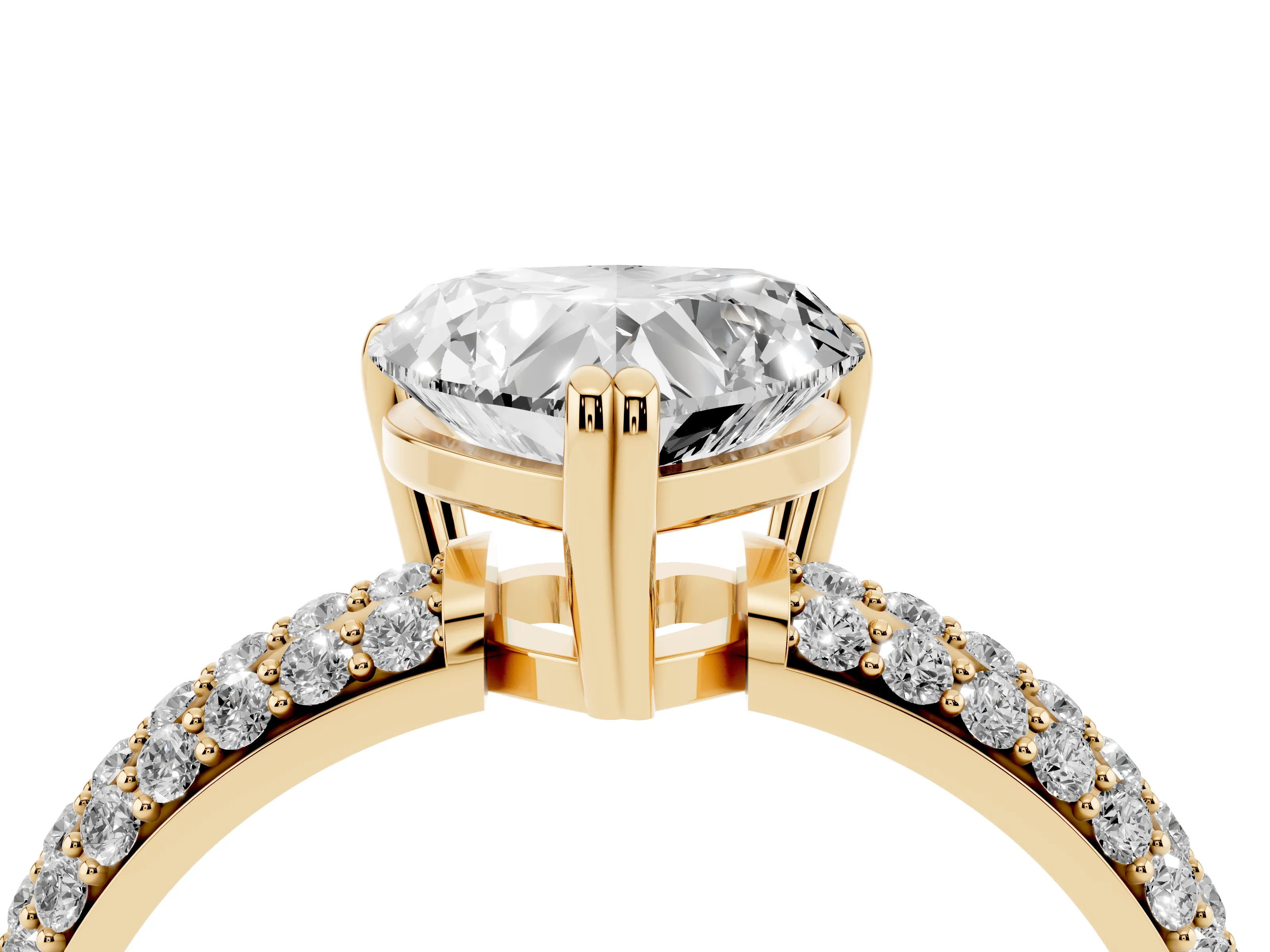 Heart Cut Diamond Solitaire Ring Set in Yellow gold with Multi-Row Round Pavé Band and Prong Setting