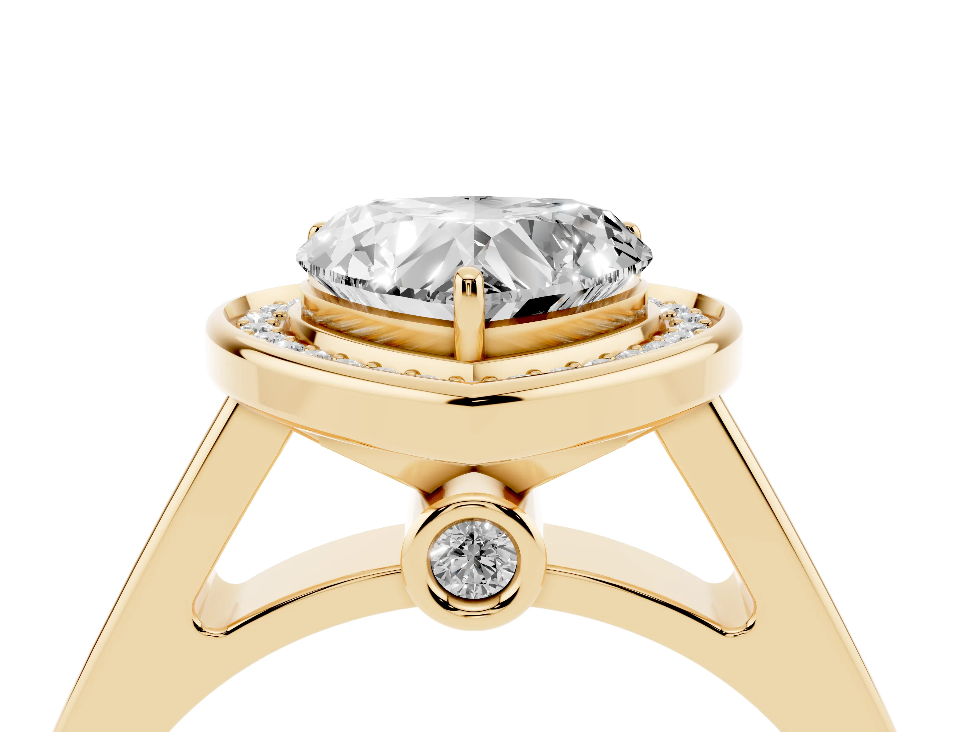 Heart Cut Diamond Halo Solitaire Ring Set in Yellow gold with Pavé Band and Bezel Setting