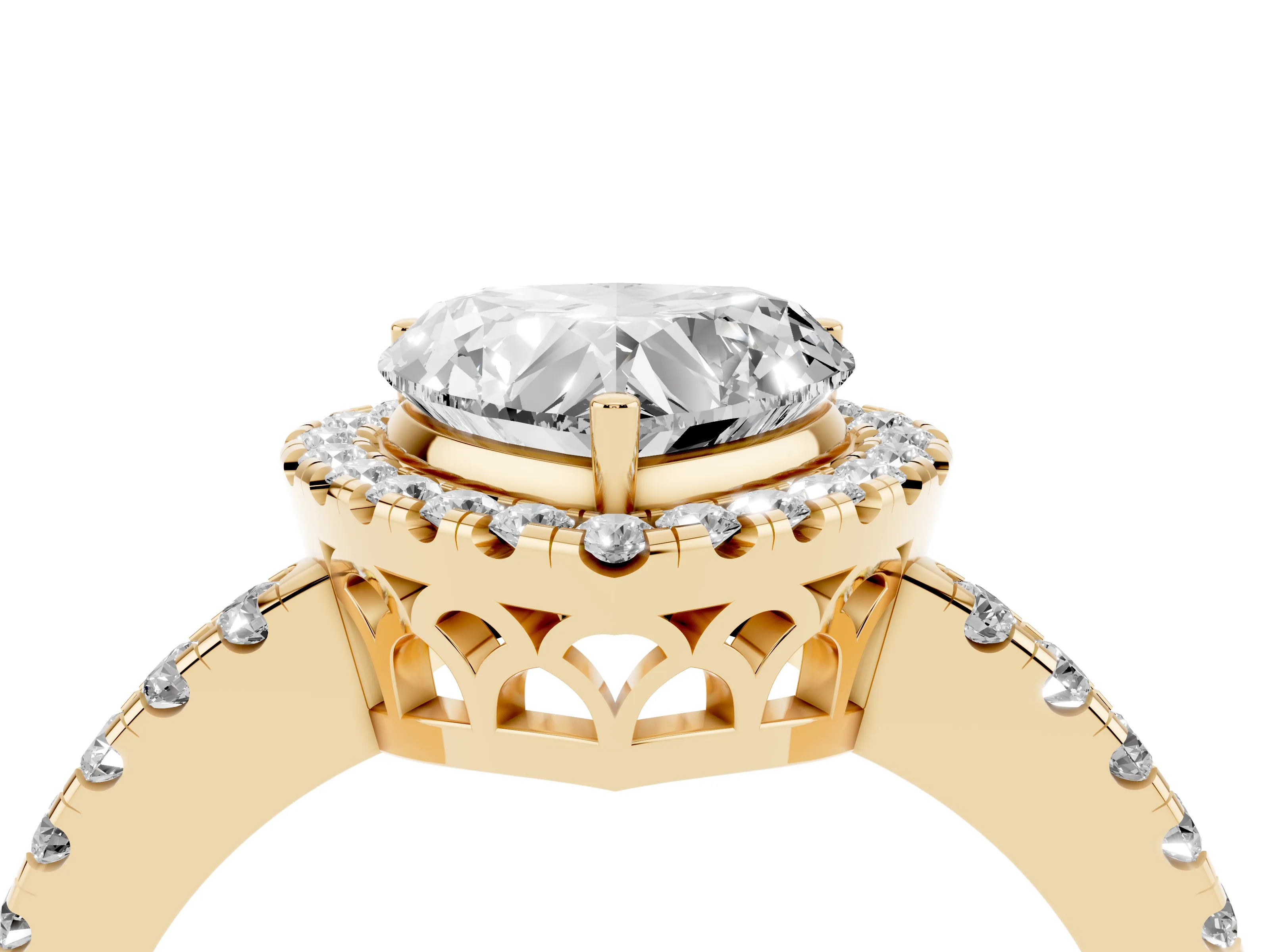 Heart Cut Diamond Pavé Band Halo Engagement Ring Set in Yellow gold with Prong Setting