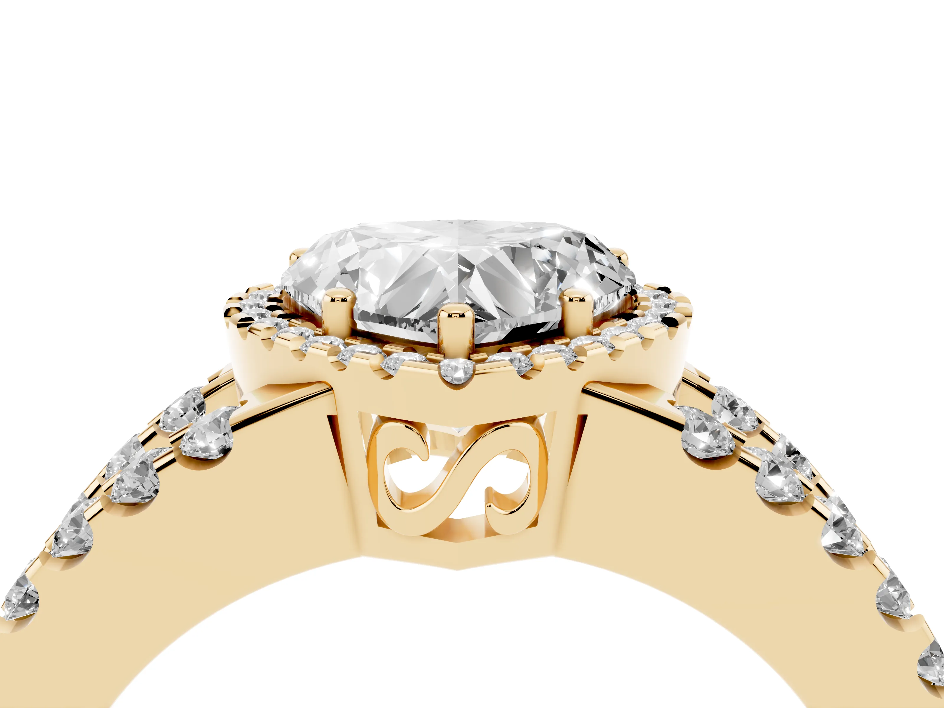 Heart Cut Diamond Halo Ring Set in Yellow gold with Pavé Split Shank and Prong Setting