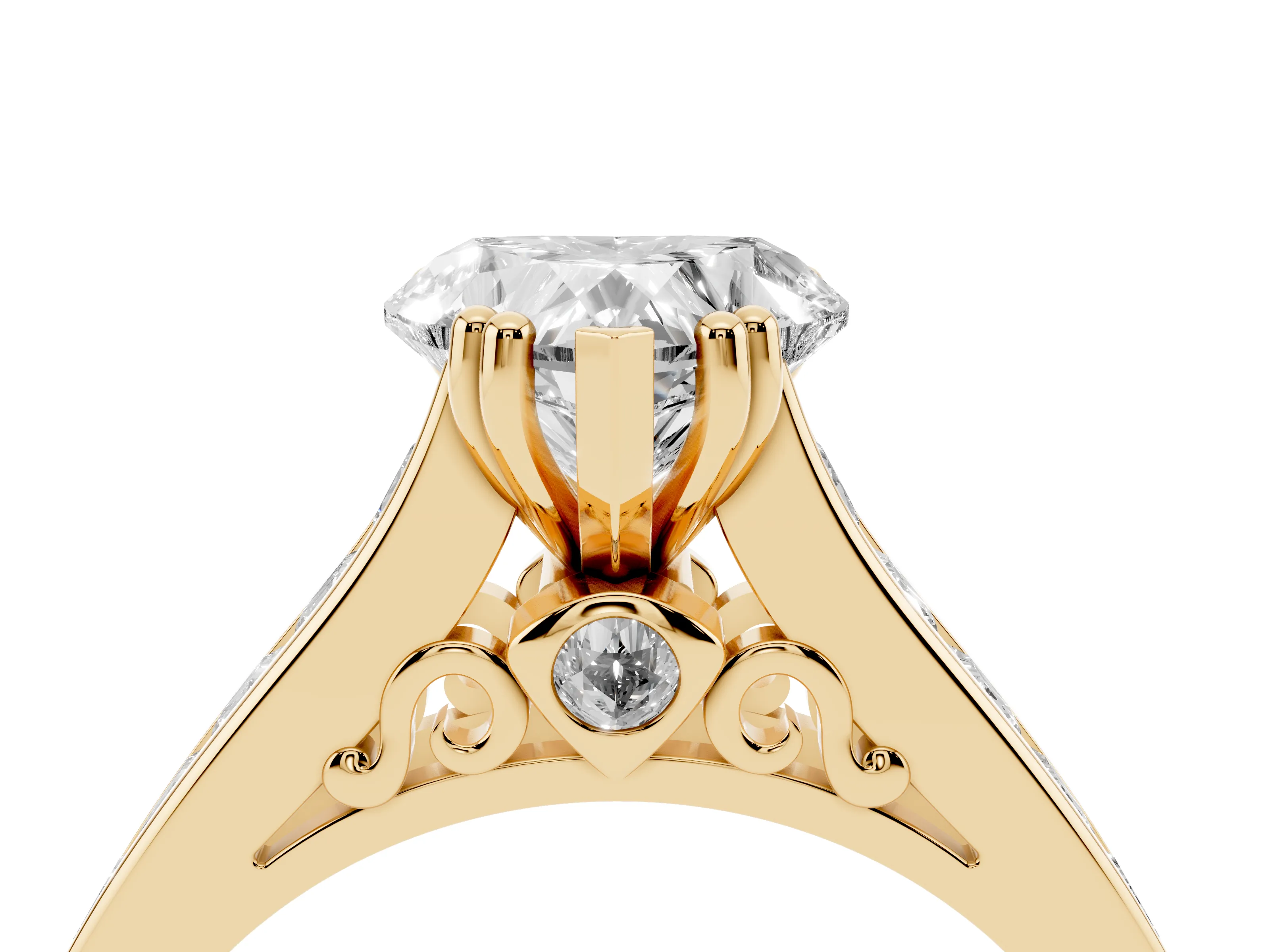 Heart Cut Diamond Channel Set Solitaire Engagement Ring Set in Yellow gold with Prong Setting